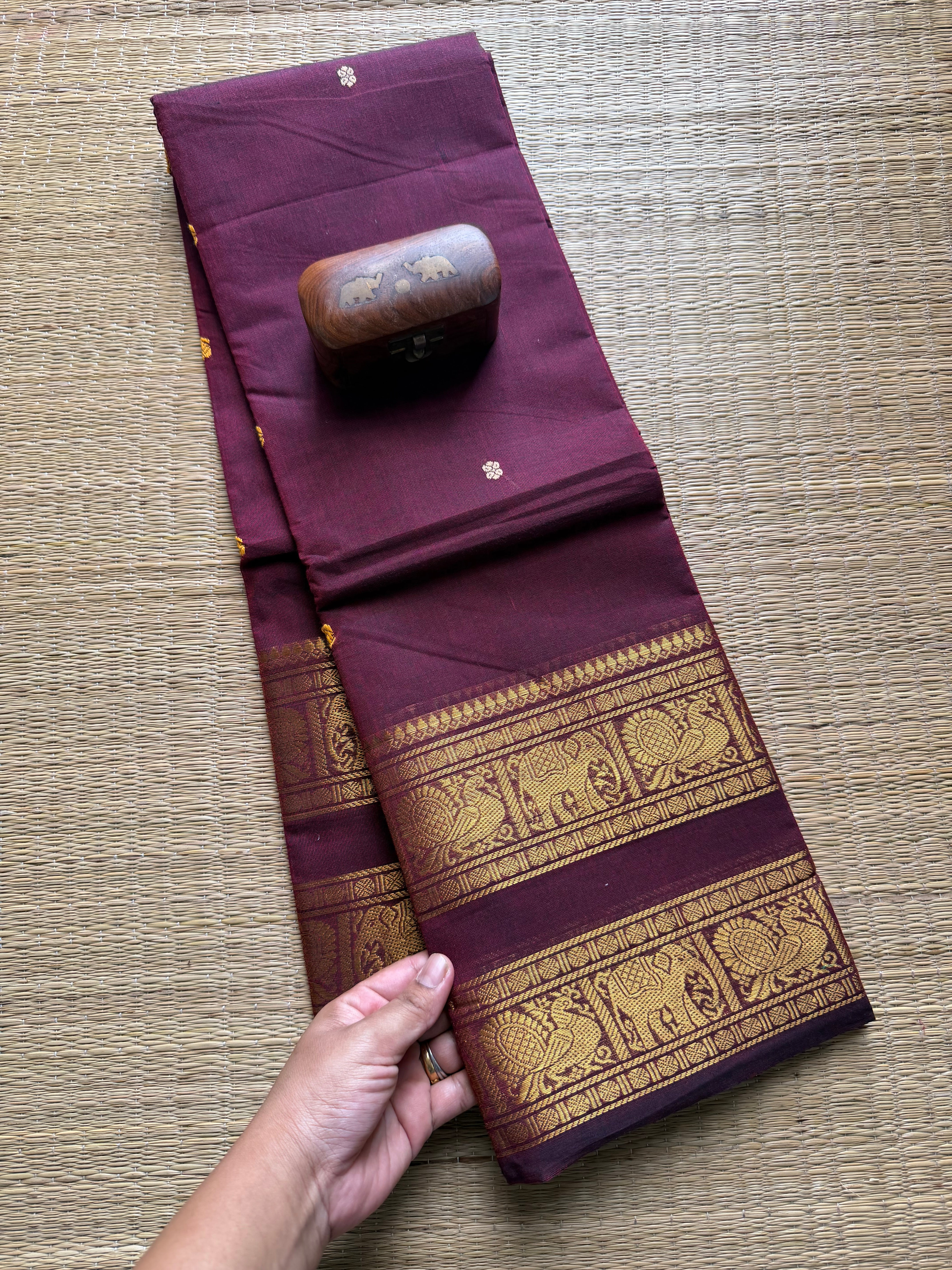 Maroon Monotone Retta Patta Kanchi Cotton Saree With Handmade Thread Buttas