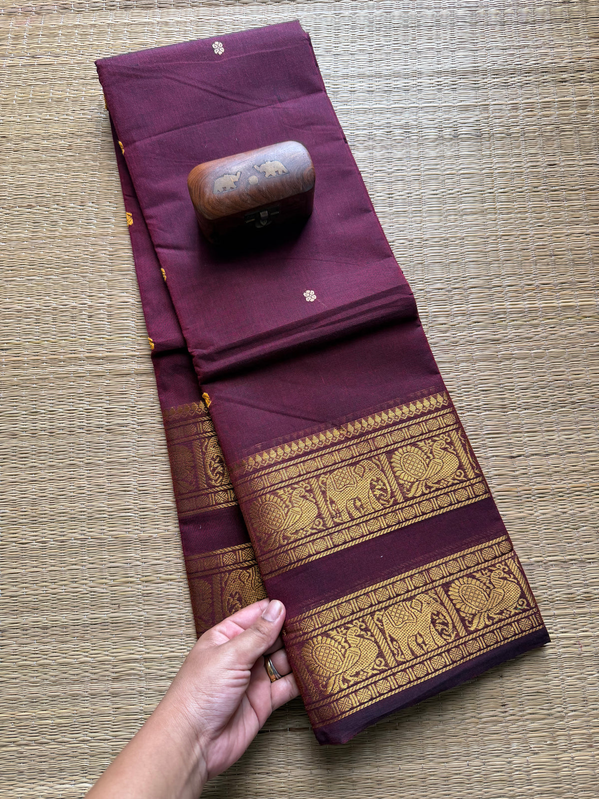Maroon Monotone Retta Patta Kanchi Cotton Saree With Handmade Thread Buttas