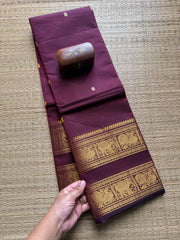 Maroon Monotone Retta Patta Kanchi Cotton Saree With Handmade Thread Buttas