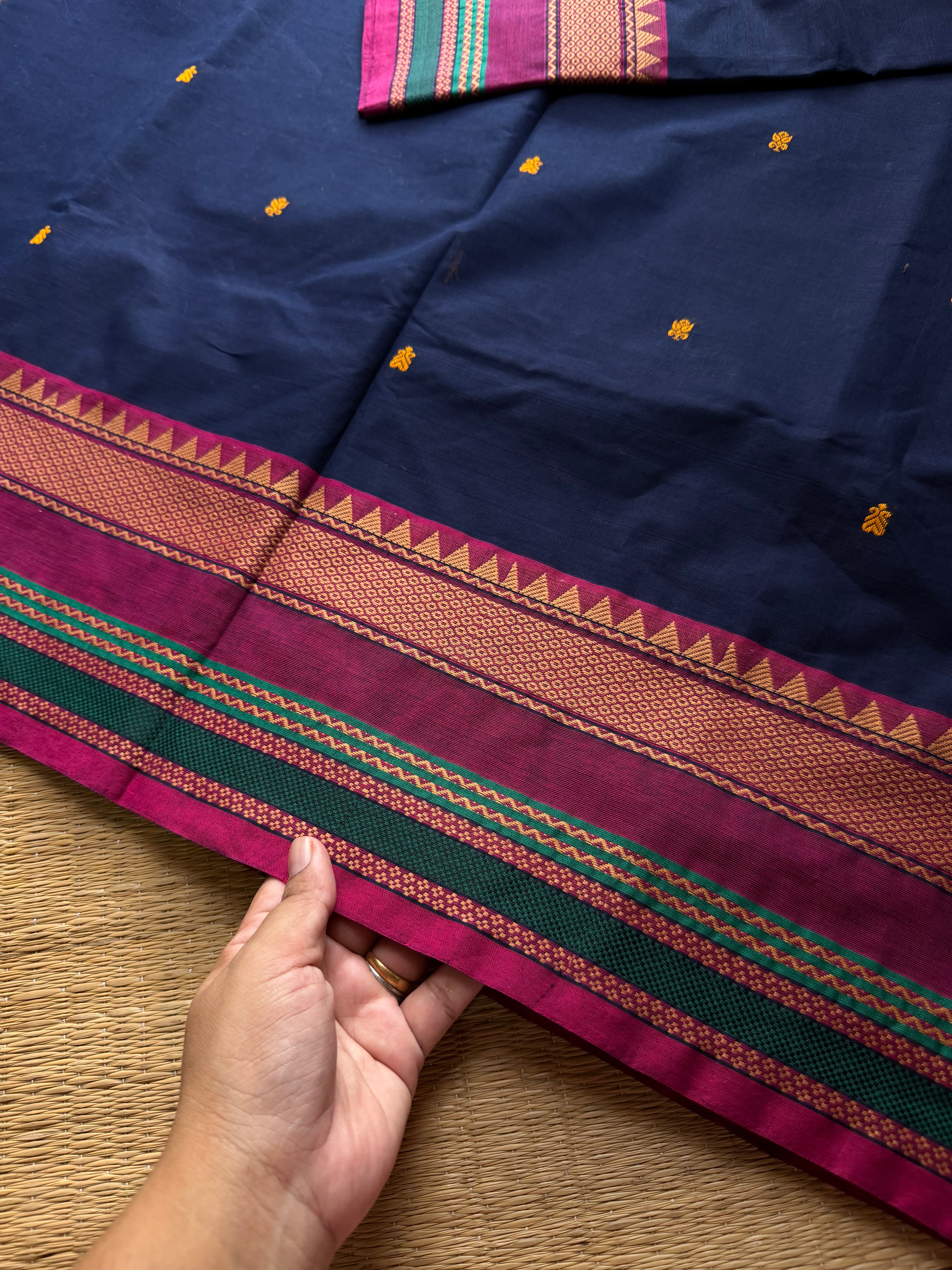 RF802 Navy blue shade thread border Kanchi cotton saree with handmade thread buttas