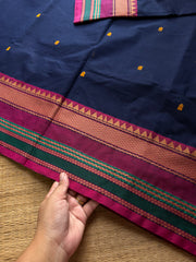 RF802 Navy blue shade thread border Kanchi cotton saree with handmade thread buttas