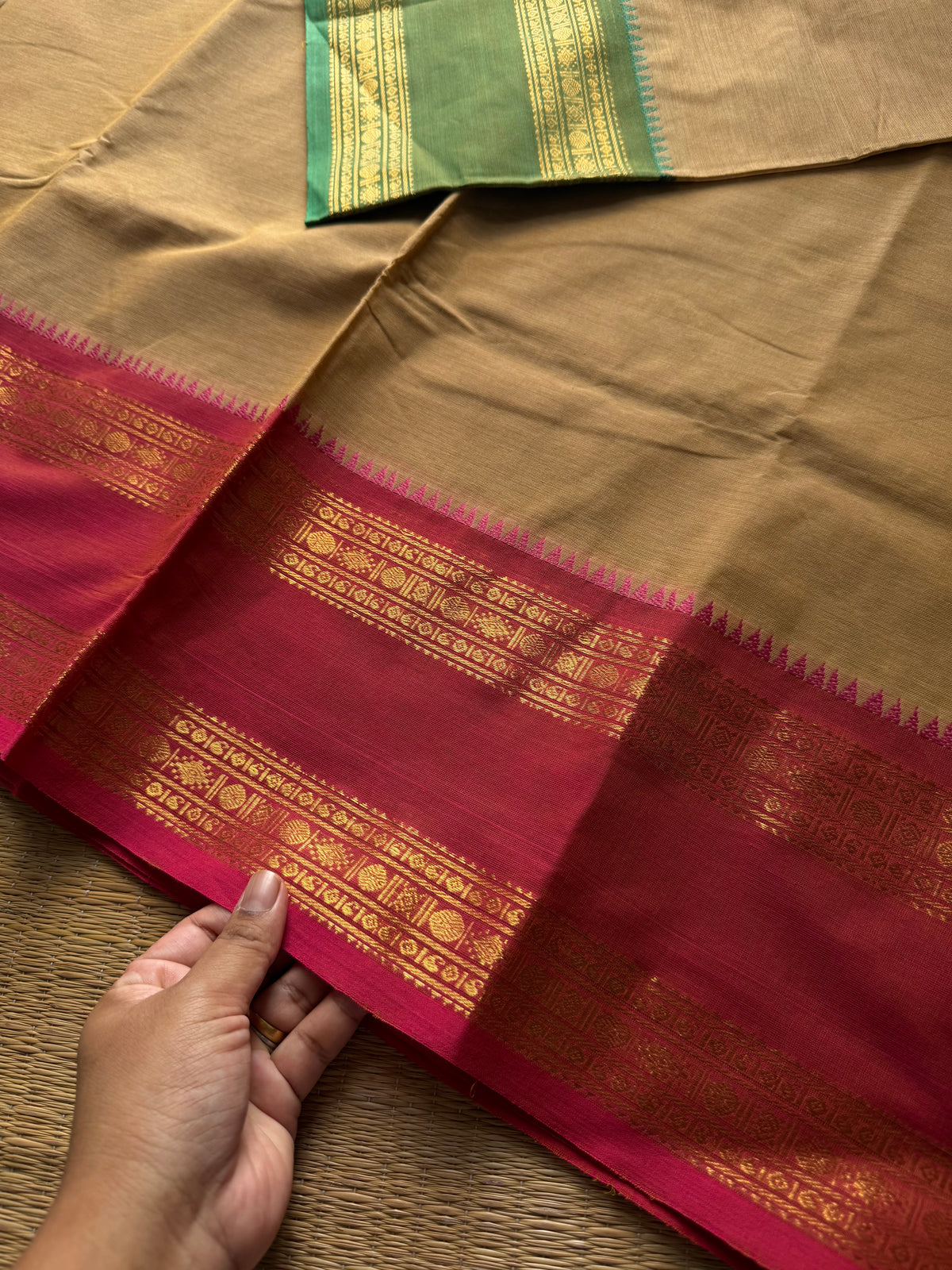 RF1418 Beige shade Kanchi cotton saree with Ganga Jamuna border
