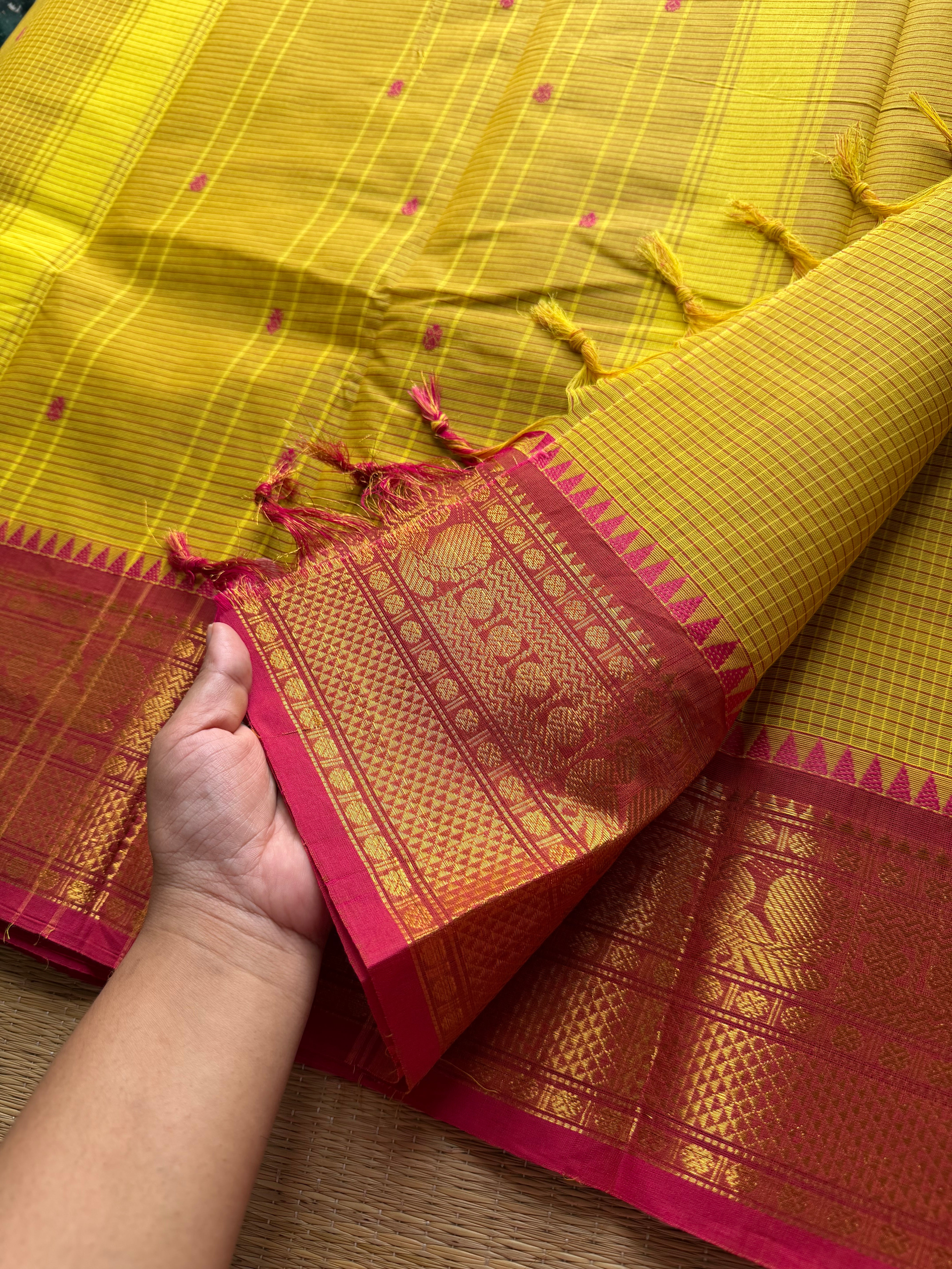RF563 Mustard yellow with contrast pinkish peach combo podikattam / small checks pattern Kanchi cotton saree with handmade thread buttas