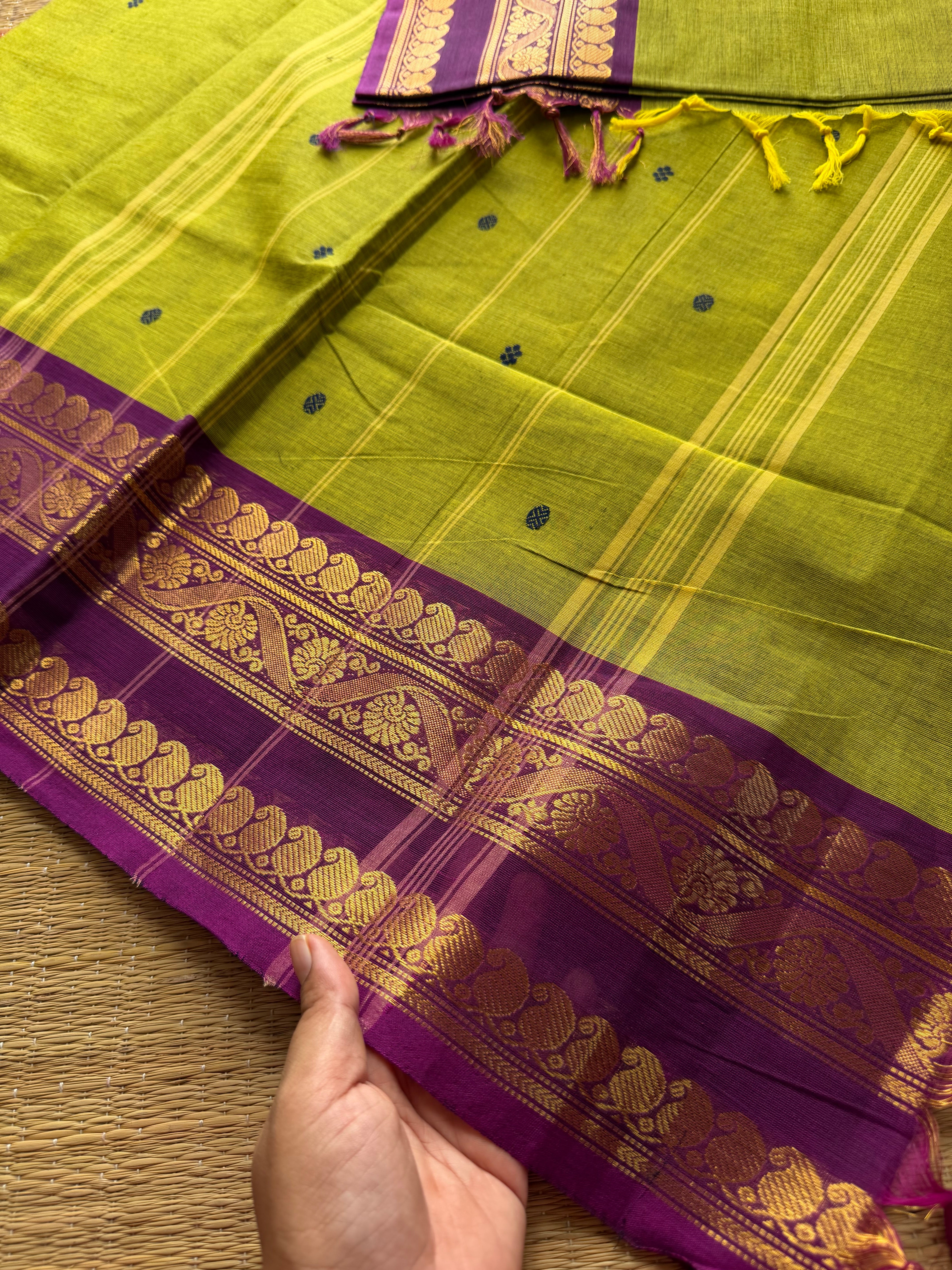 RF369 Green with contrast purple combination mango and floral pattern border Kanchi cotton saree with handmade thread buttas