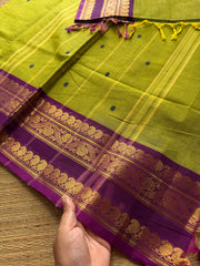RF369 Green with contrast purple combination mango and floral pattern border Kanchi cotton saree with handmade thread buttas