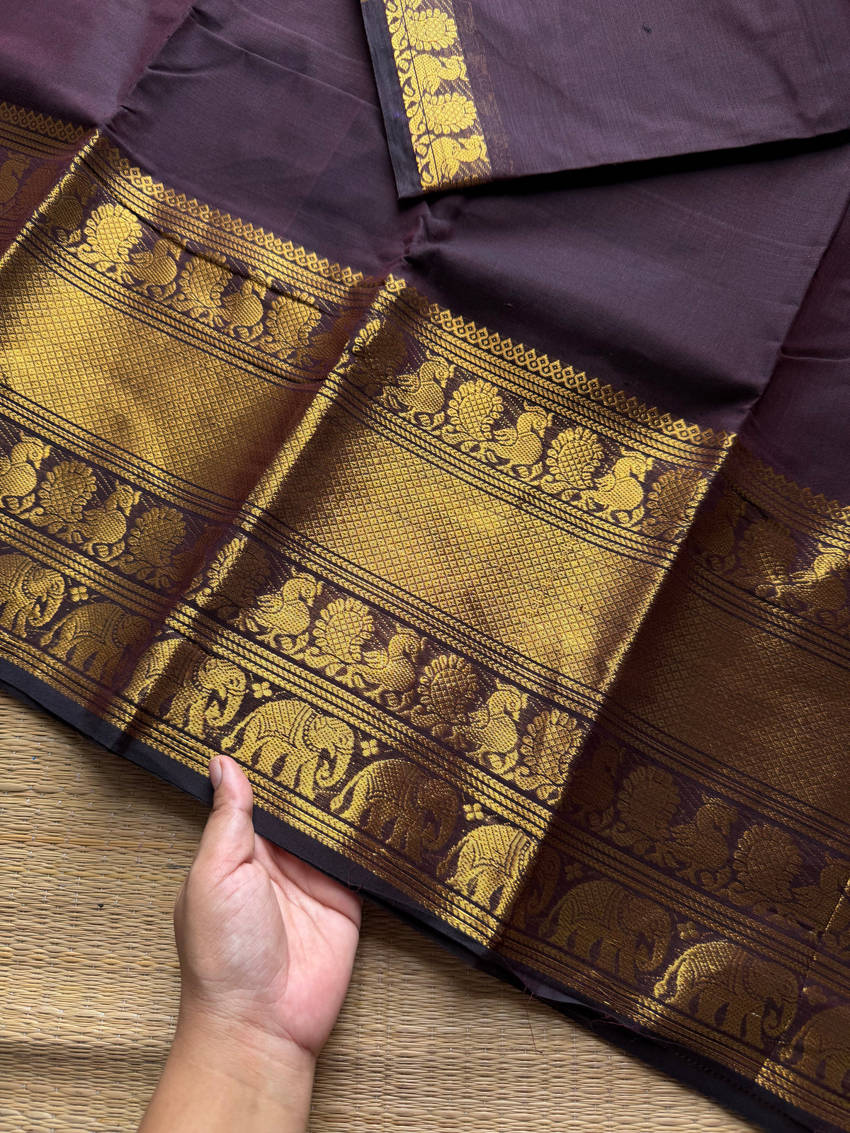 RF1229 Deep coffee brown Kanchi cotton saree with big / long border