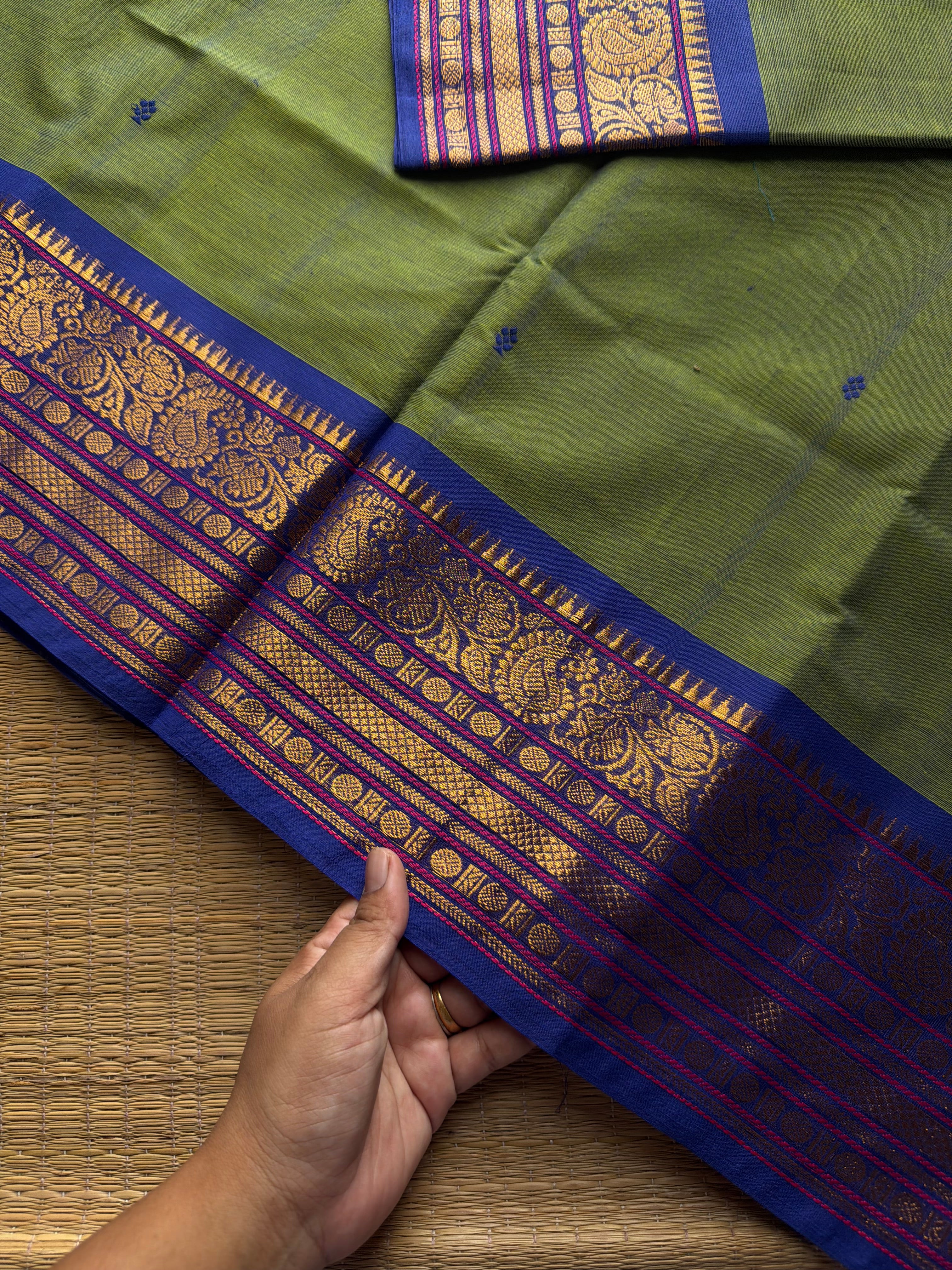 RF1020 Dual tone green shade Kanchi cotton saree with handmade thread buttas