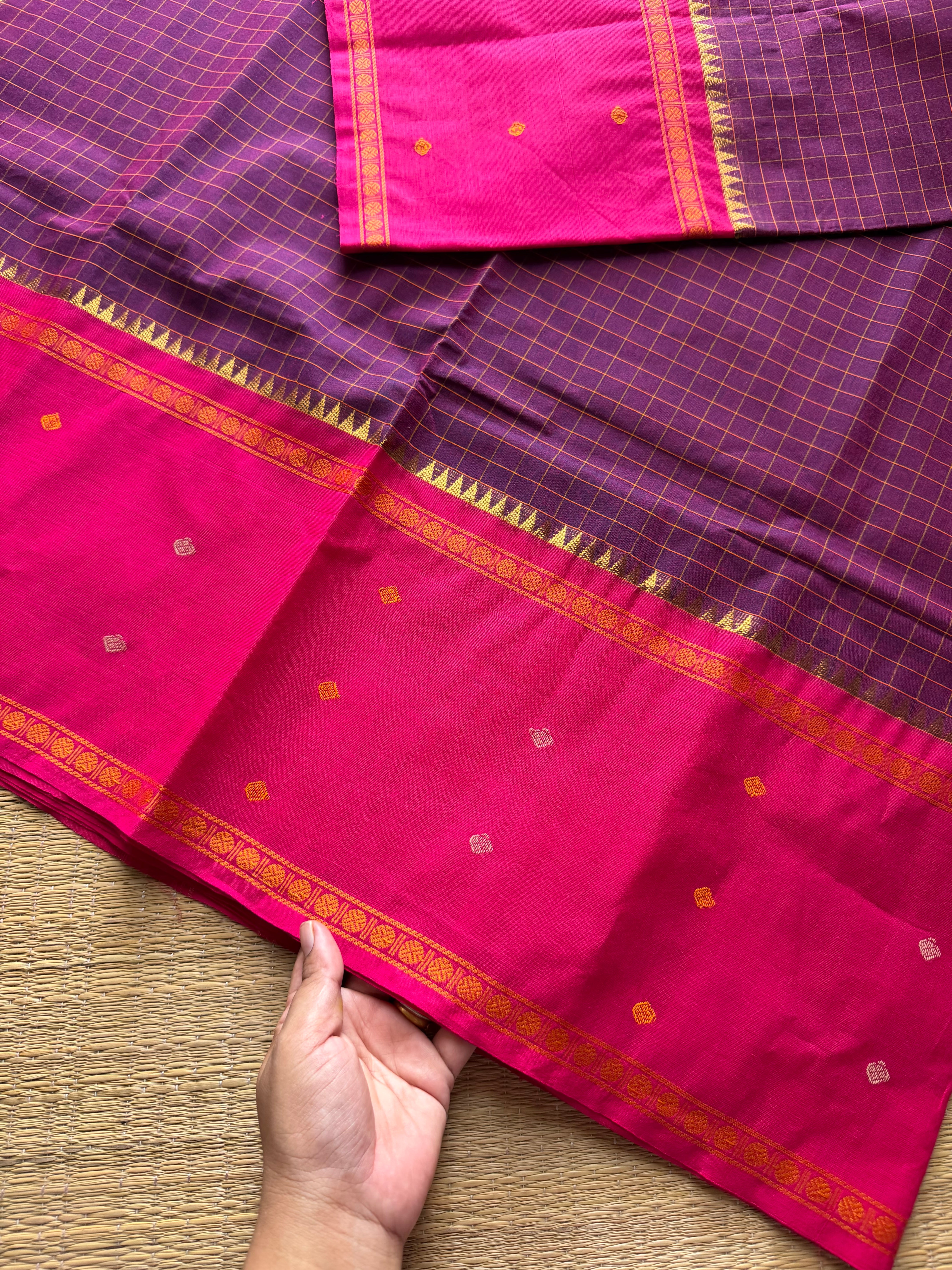 Purple shade Vintage Border Kanchi Cotton Saree With kattam / checks pattern & handwoven Buttas on the border