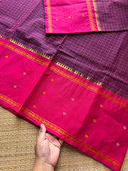 Purple shade Vintage Border Kanchi Cotton Saree With kattam / checks pattern & handwoven Buttas on the border