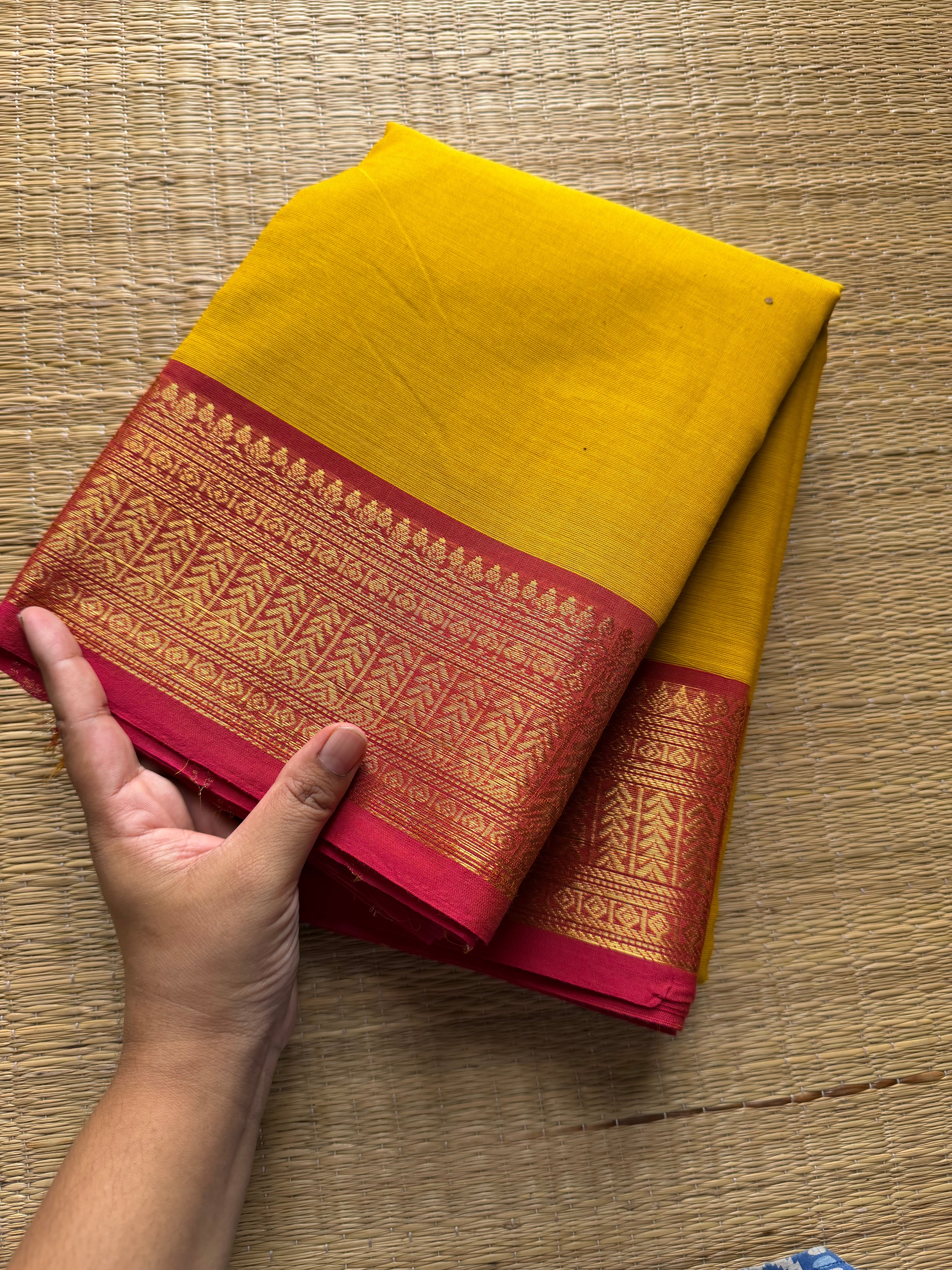 RF209 Mango yellow with peach combination Kanchi cotton saree