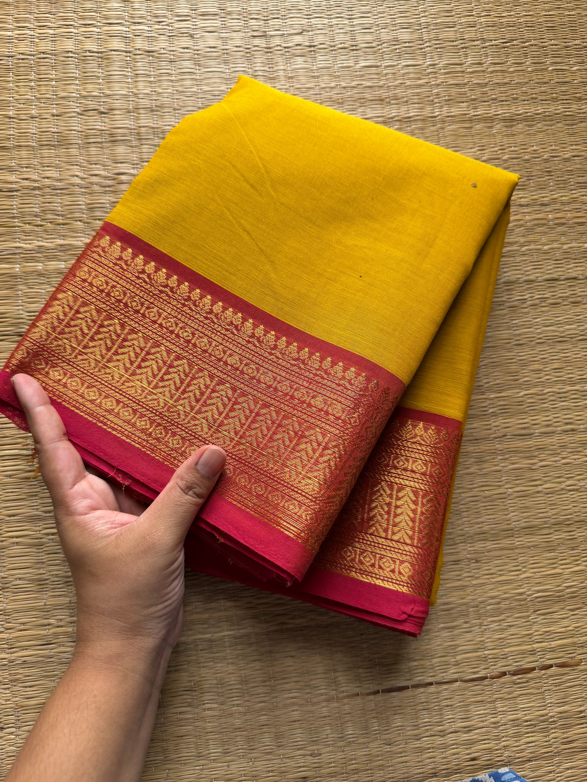 RF209 Mango yellow with peach combination Kanchi cotton saree