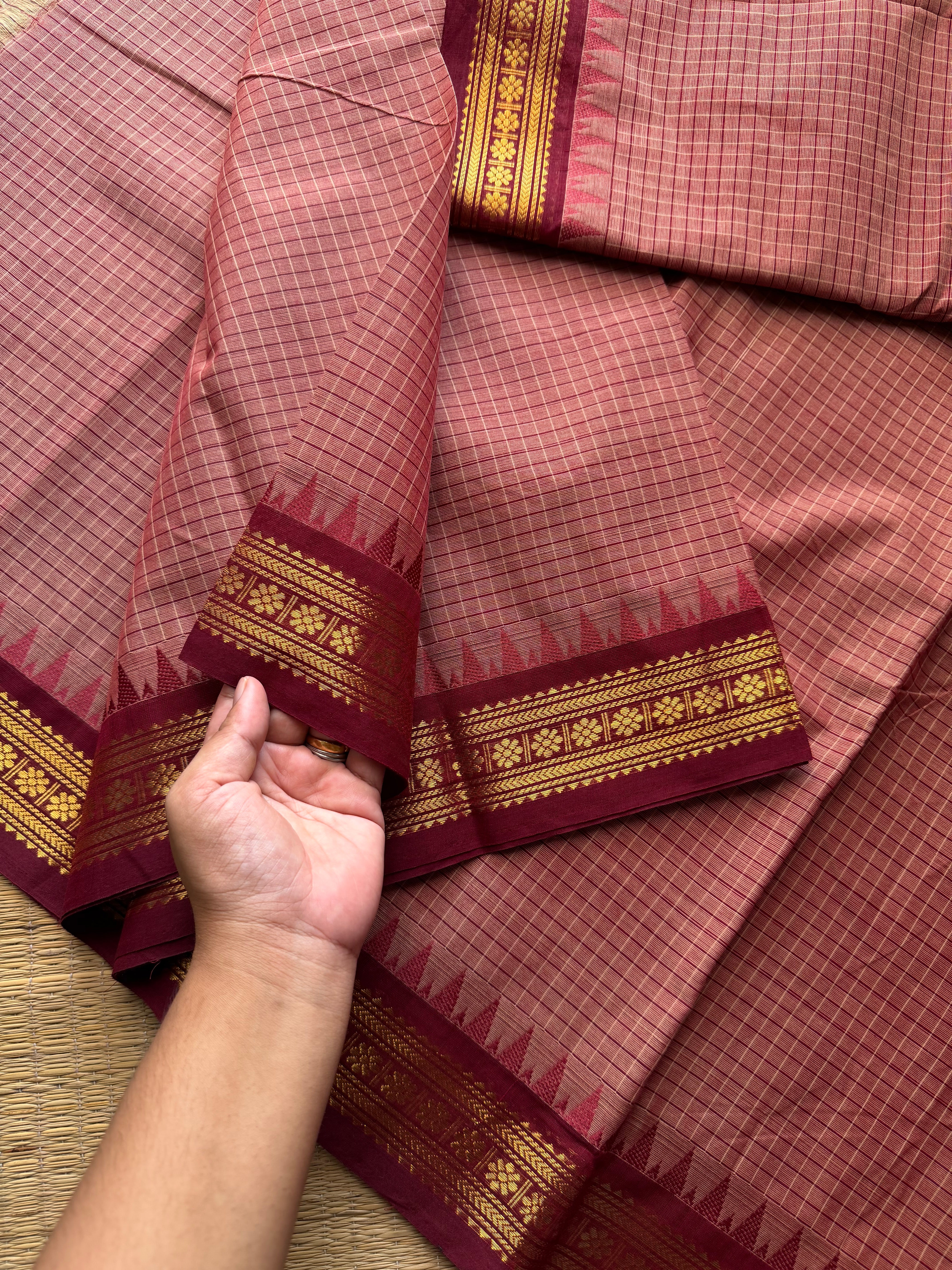 RF716 Onion pink with maroon Podikattam Kanchi cotton saree with small border