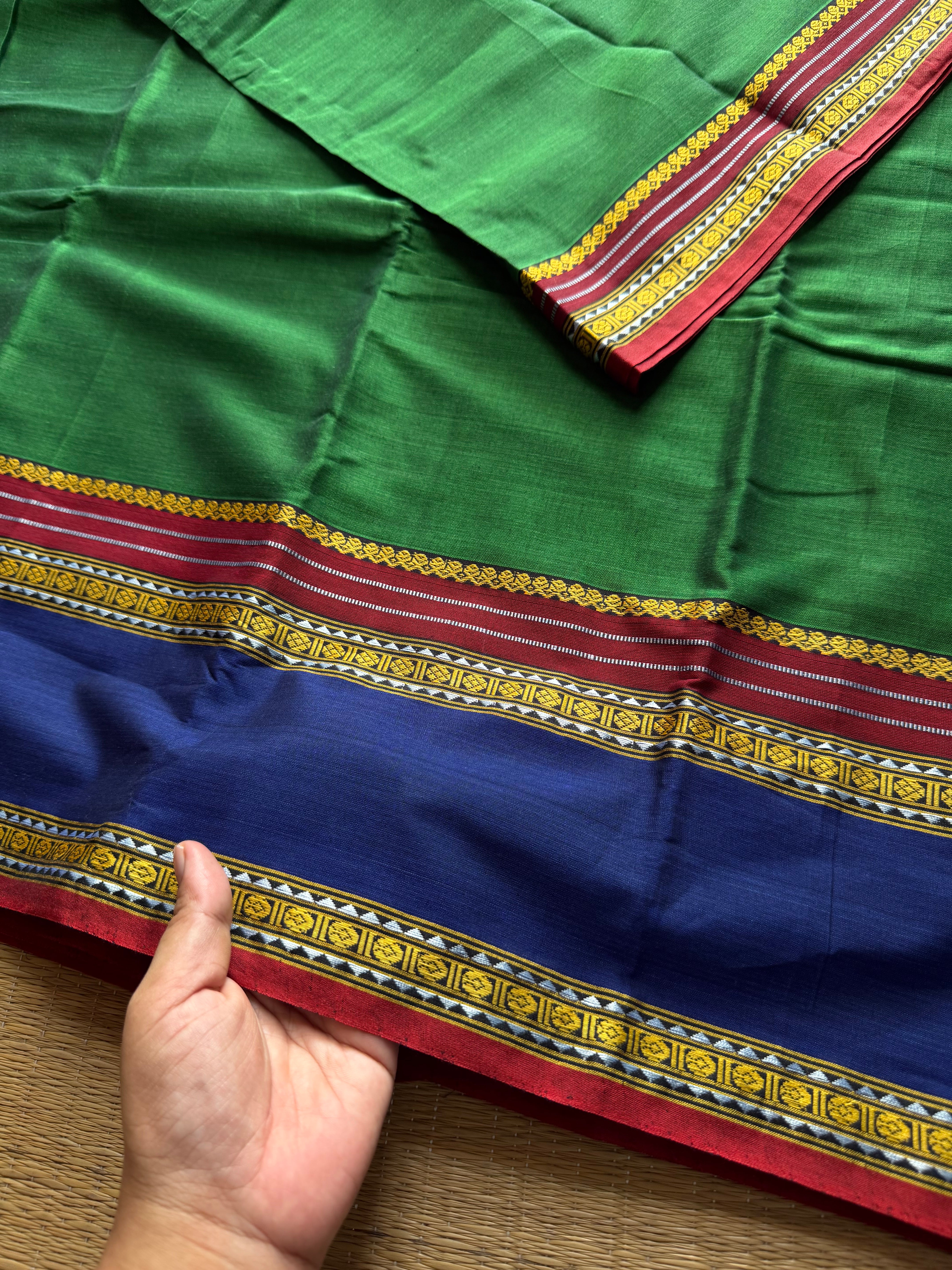 RF488 Dark green with royal blue combination vintage style gap border mercerised Narayanpet cotton saree