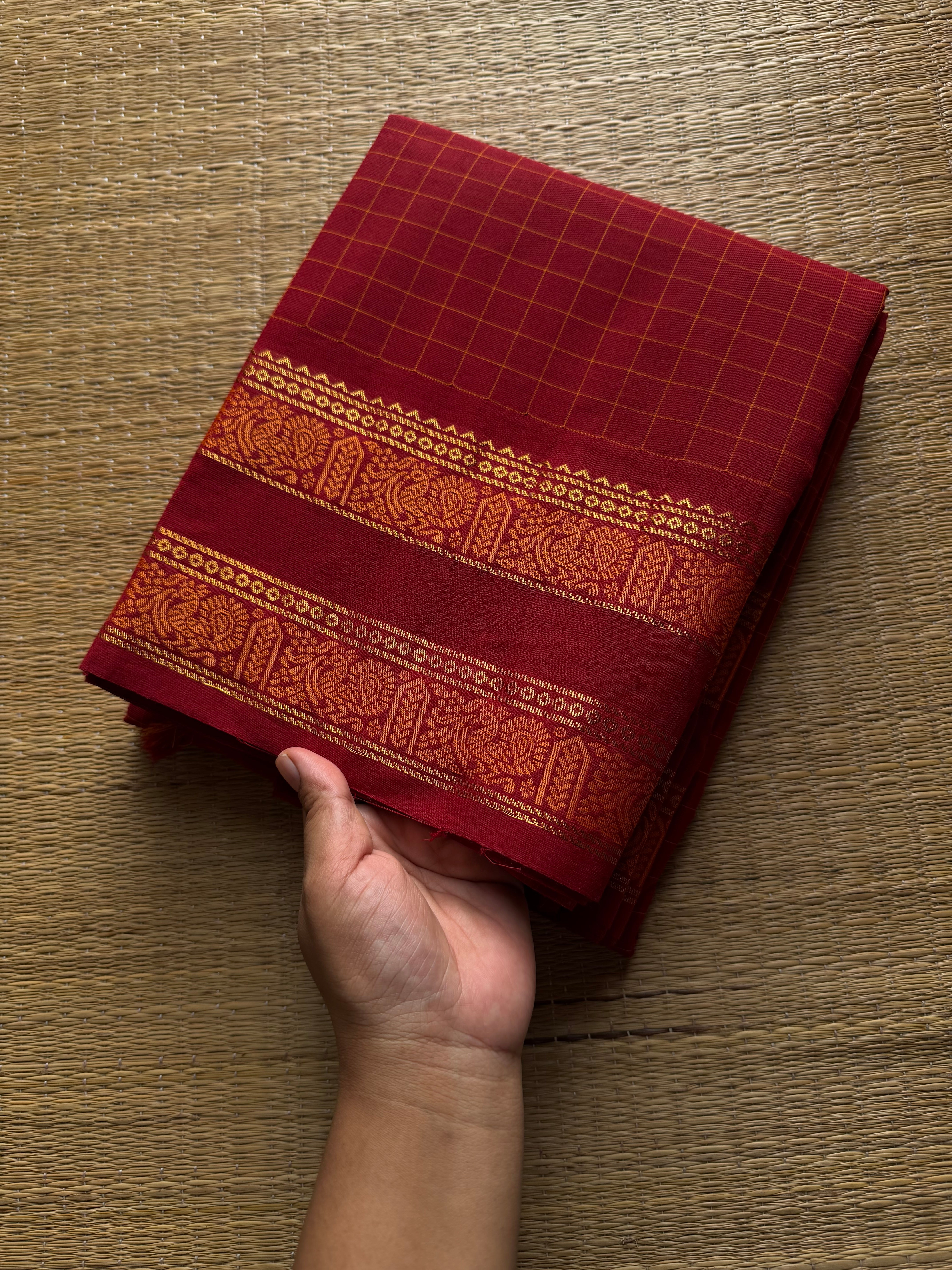 RF983 The Reddish Maroon Kattam Edition: Kanchi Cotton Saree with Minimal Zari & checks pattern