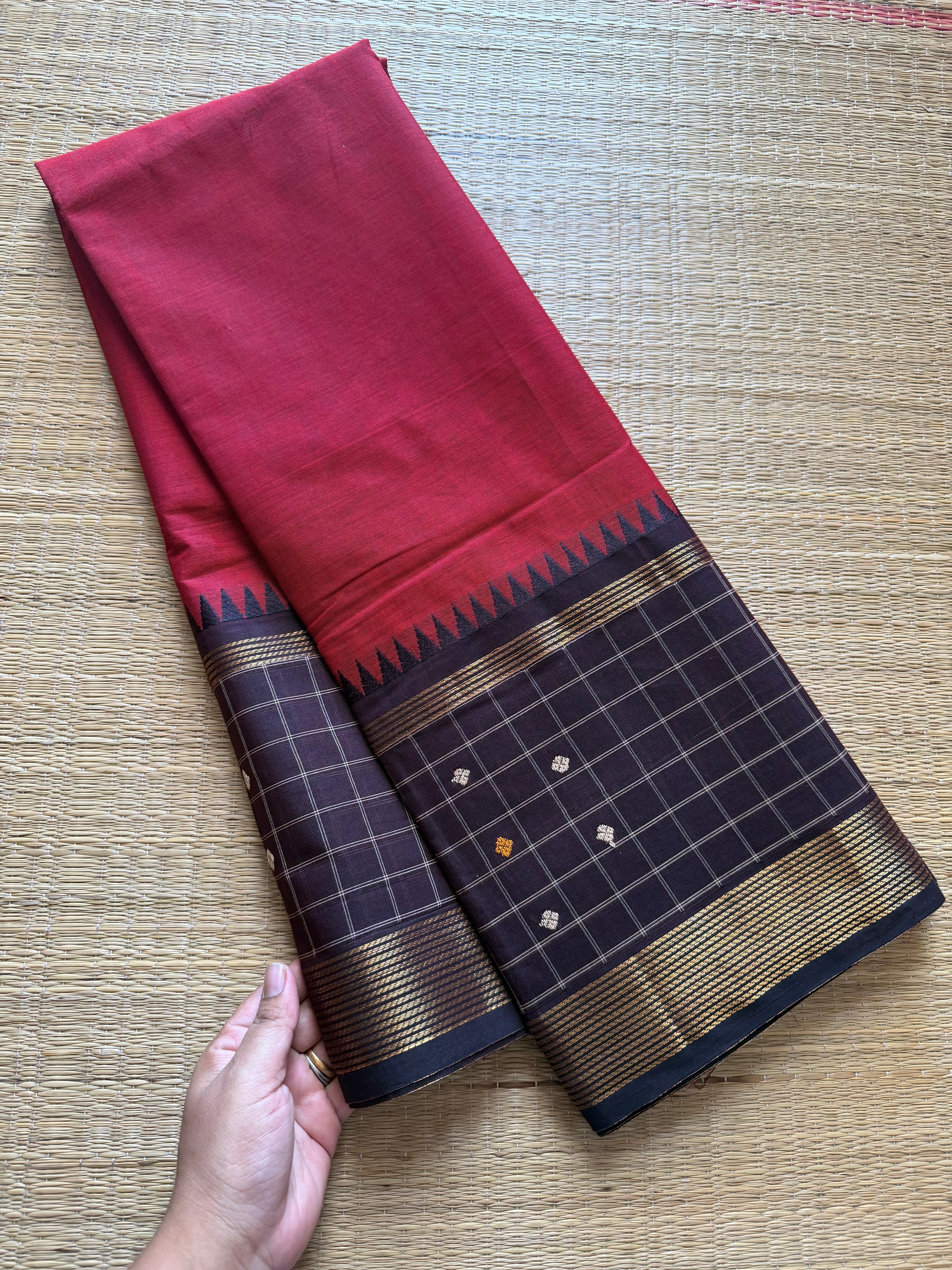 RF246 Reddish maroon with brown combination kanchi cotton saree with Vintage Style Border kattam checks pattern & handwoven Buttas on the border