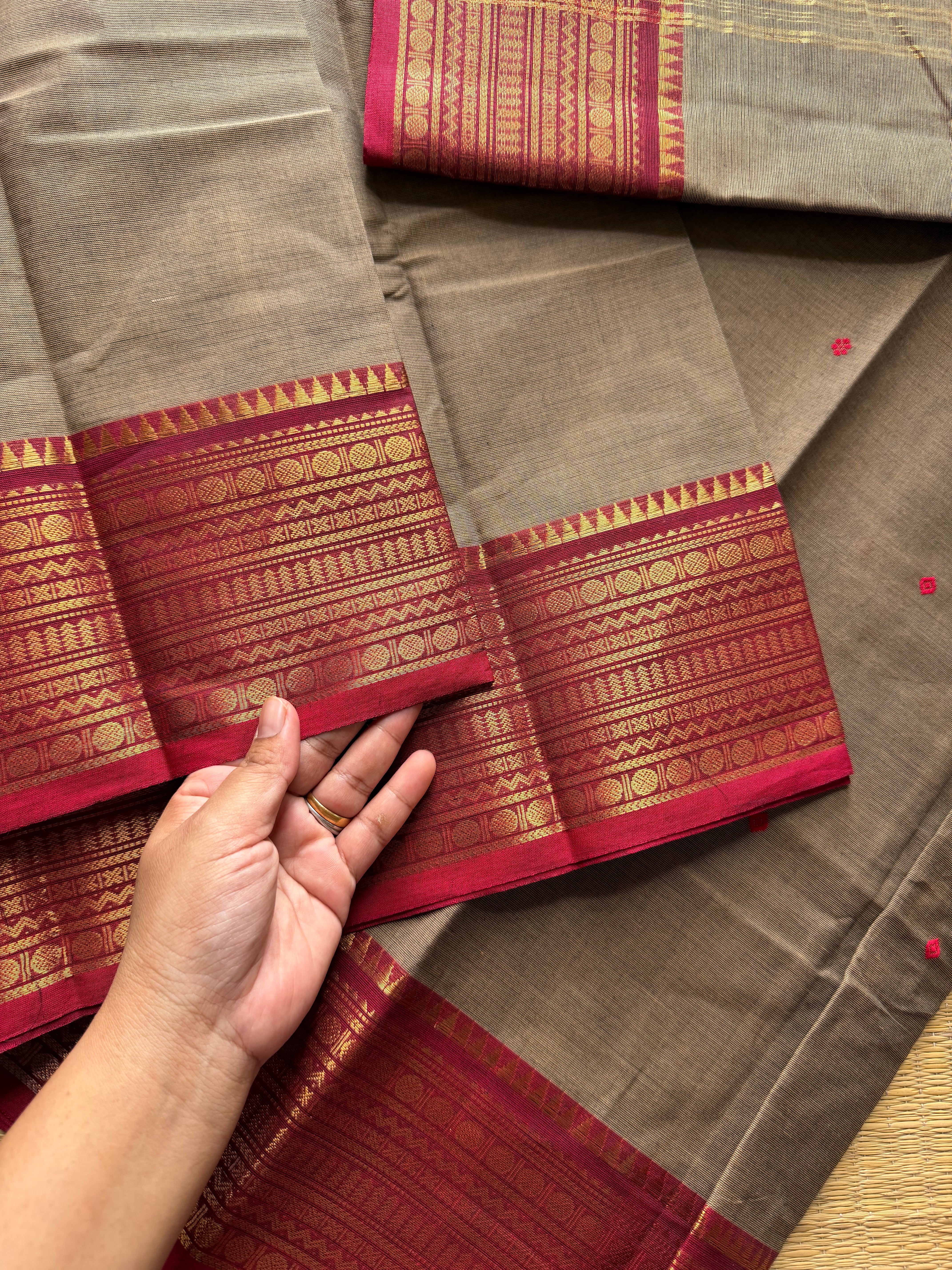 RF504 Grey with maroon combination Kanchi cotton saree with handmade thread buttas