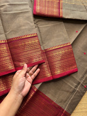 RF504 Grey with maroon combination Kanchi cotton saree with handmade thread buttas