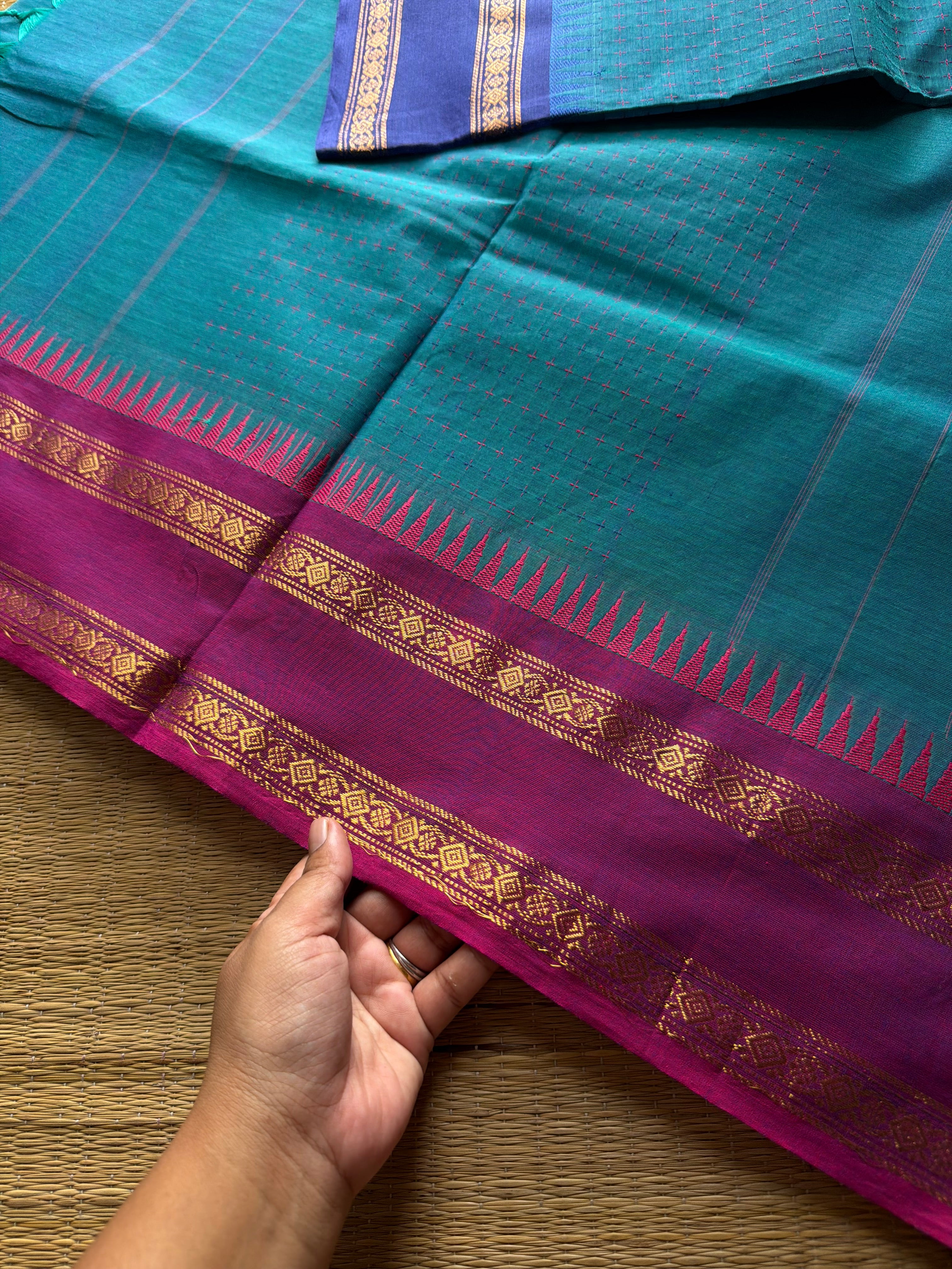 RF911 Peacock blue ~ Kanchi cotton saree with Ganga Jamuna border