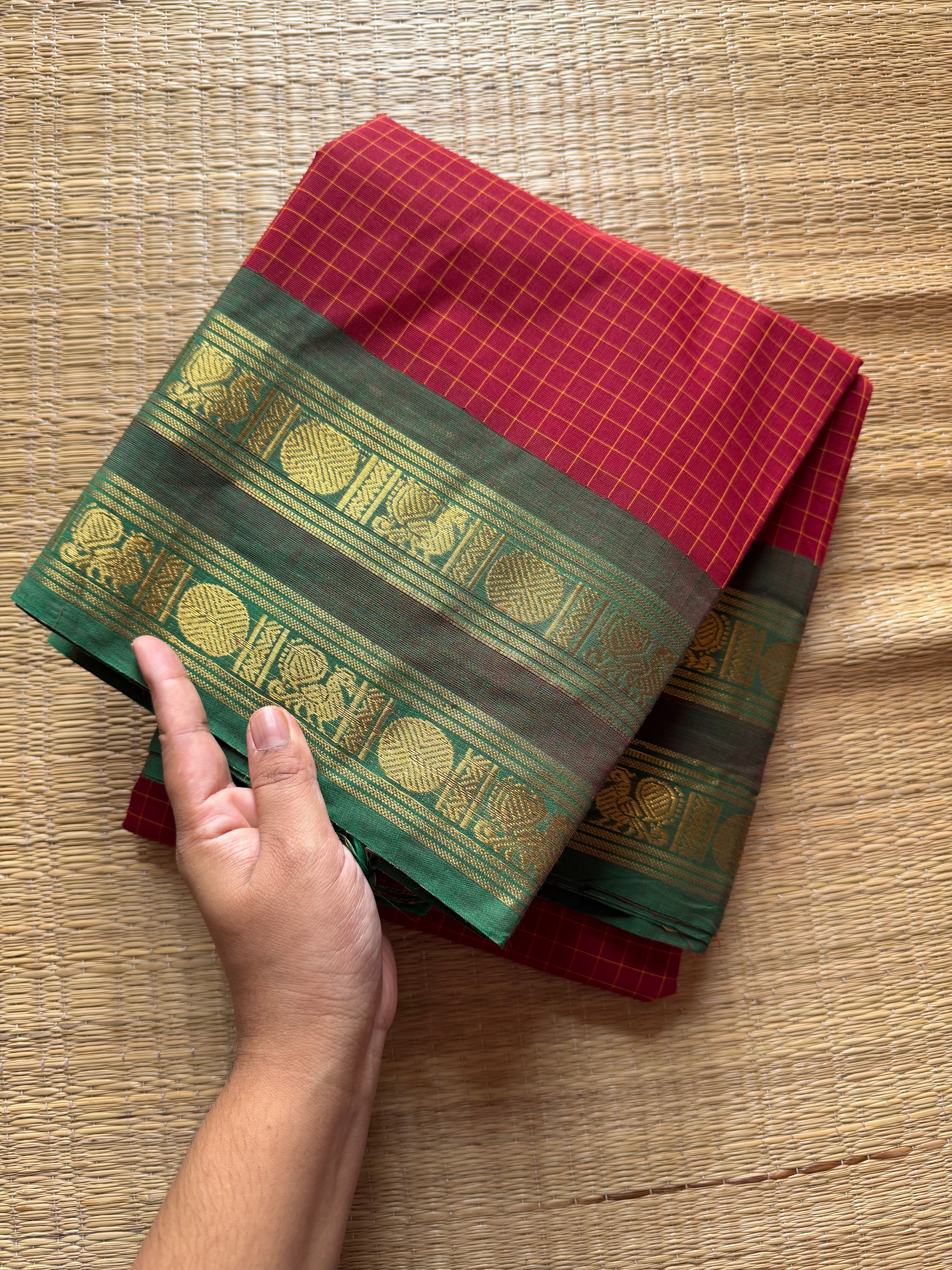 RF302 Reddish maroon shade with & Green Combination Kattam / Checks Pattern Kanchi Cotton Saree