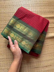 RF302 Reddish maroon shade with & Green Combination Kattam / Checks Pattern Kanchi Cotton Saree