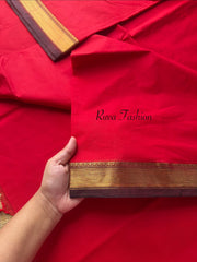 RF105 Red with brown combination small Zari border Kanchi cotton saree