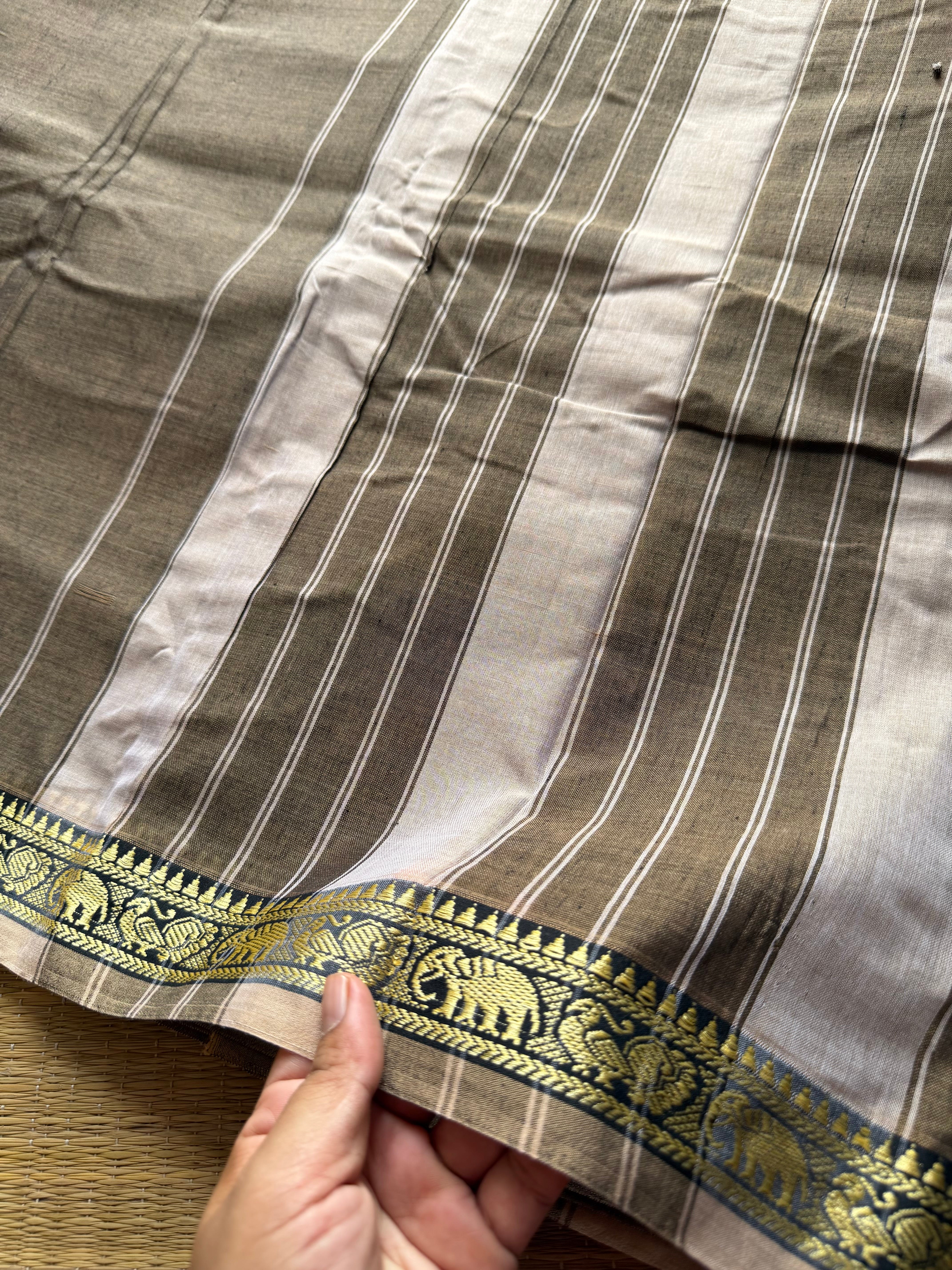 RF310 Grey shade Mercerised Narayanpet Cotton Saree With Small Annam and elephant pattern border