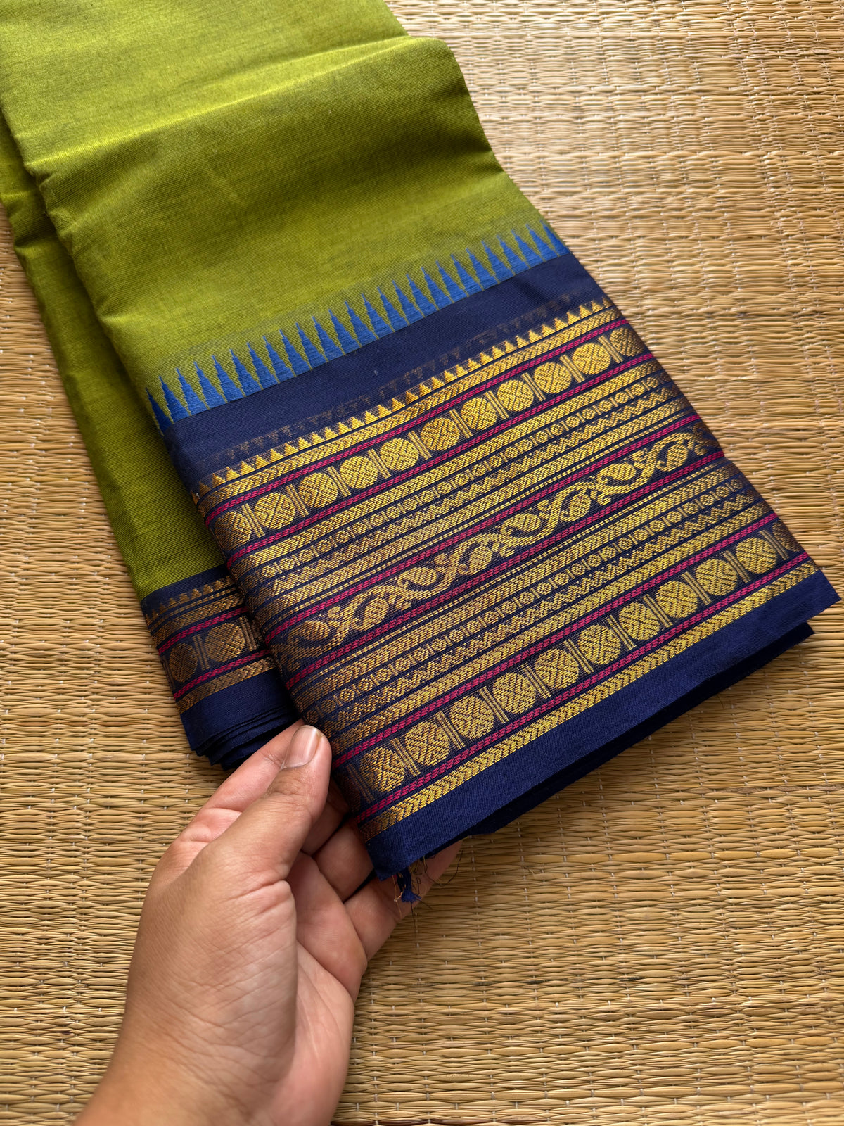 RF353 Green with contrast royal blue combination Kanchi cotton saree