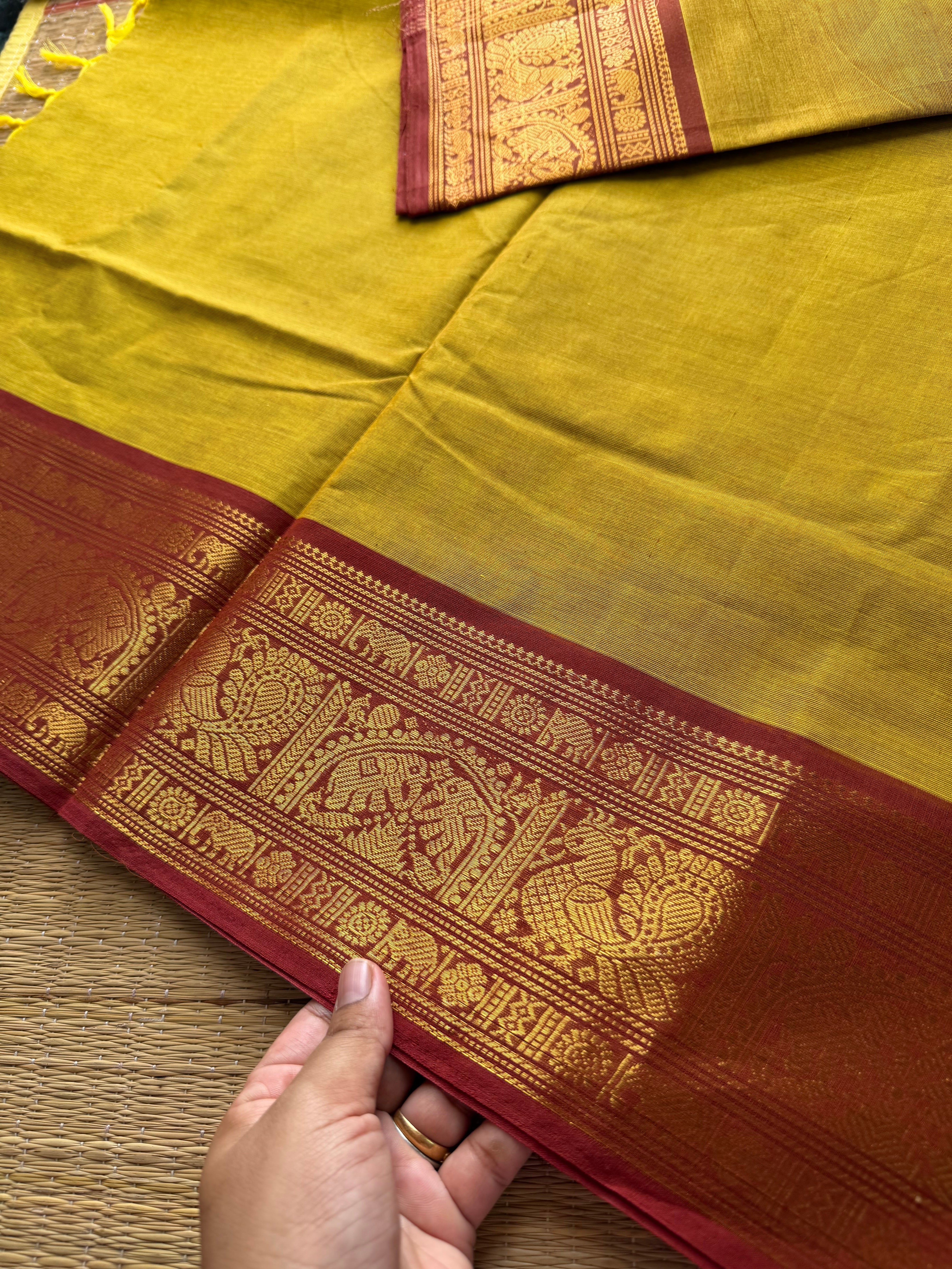 RF554 Mustard yellow Kanchi cotton saree with Annam and elephant pattern contrast border