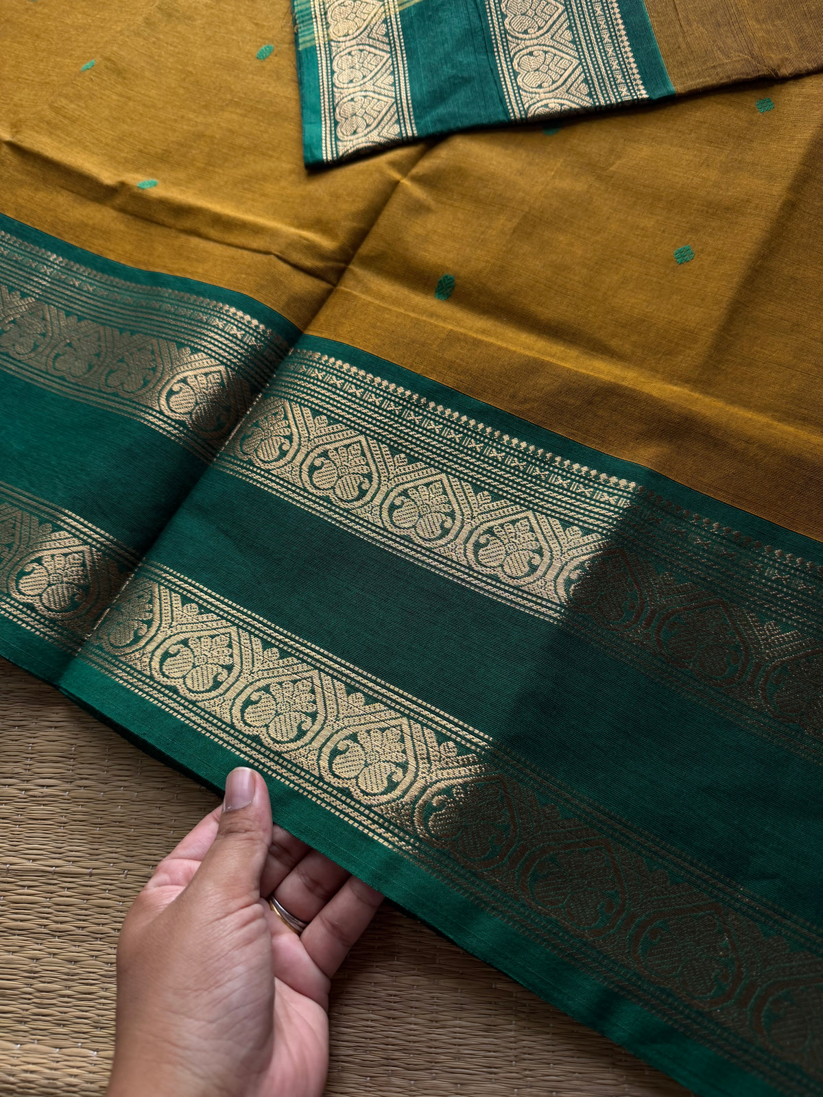 RF863 Dual tone mustard shade Kanchi cotton saree with handmade thread buttas