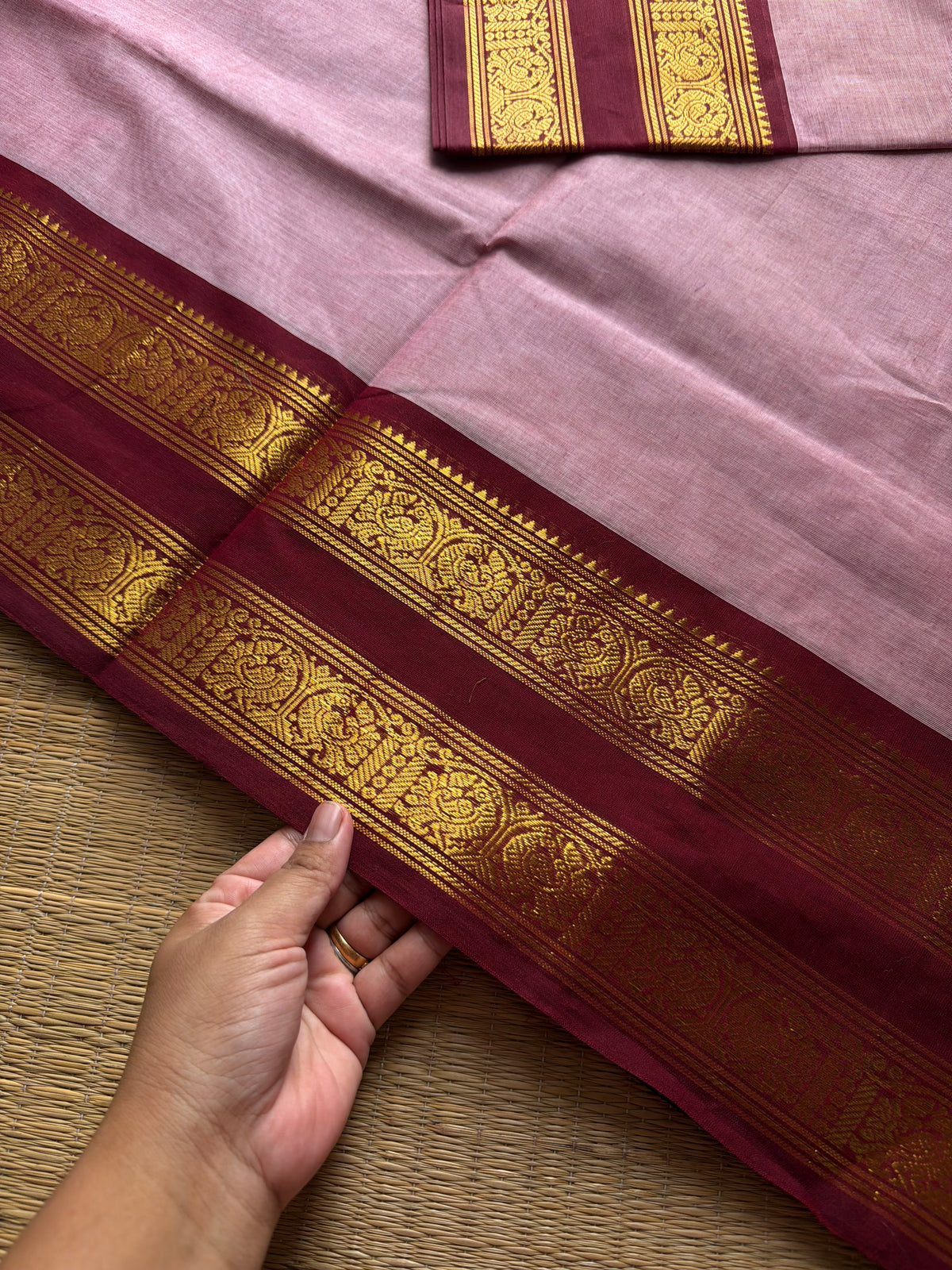 RF1102 Light pastel pink ~ Gap Border Kanchi Cotton saree