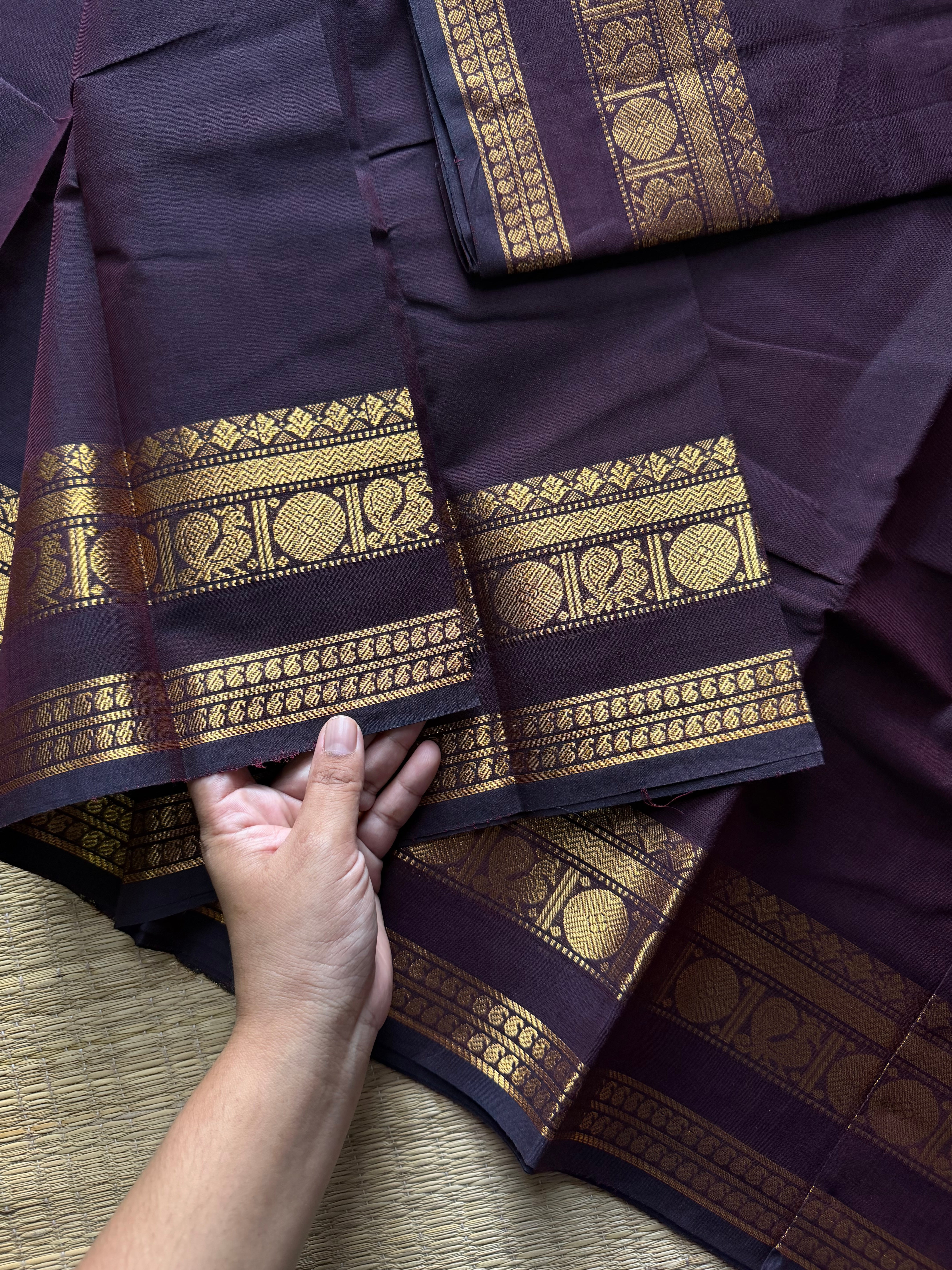 RF713 Monotone deep brown shade Kanchi cotton saree with Annam pattern golden Zari border