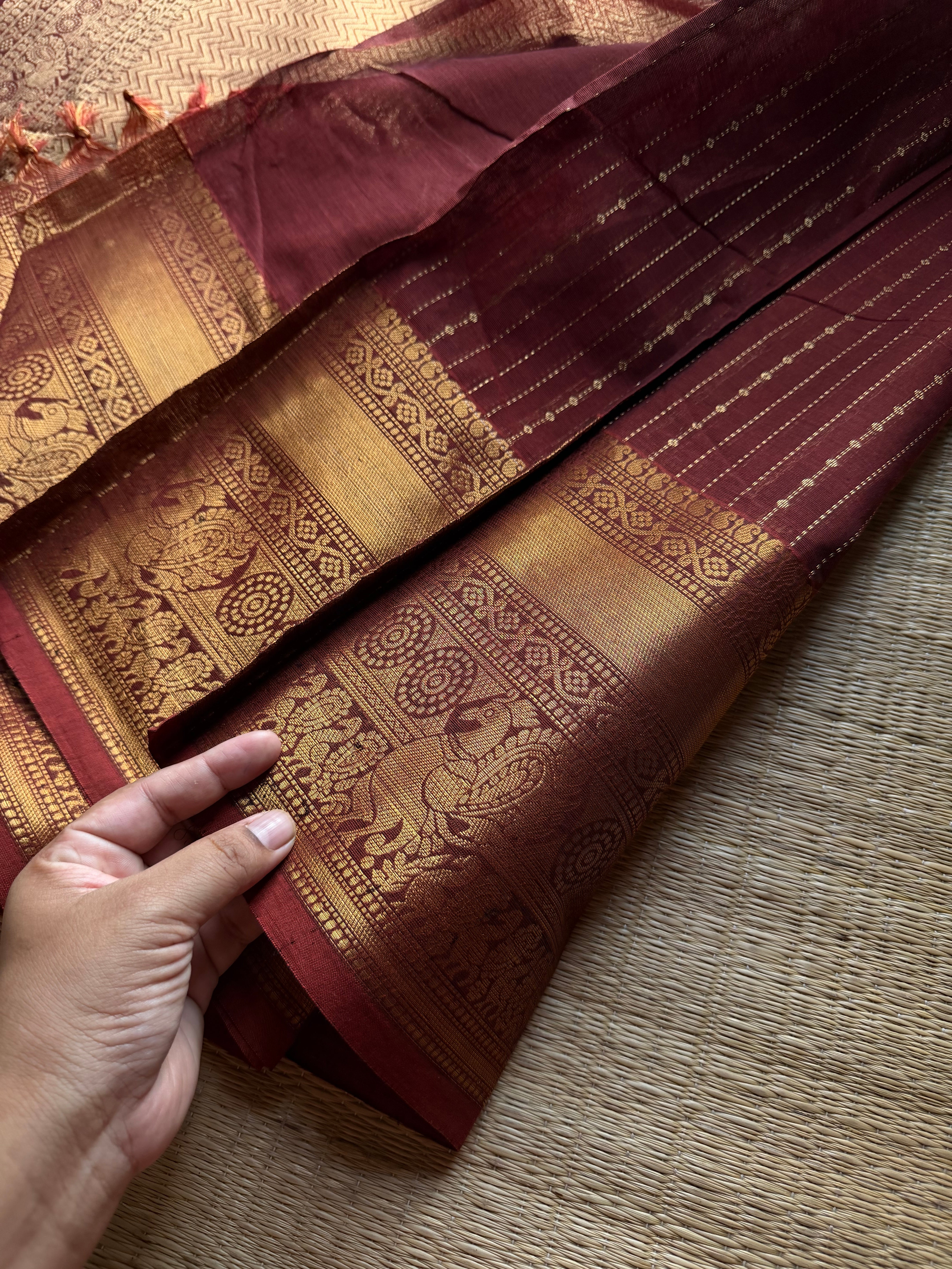 RF1382 Premium Rich Pallu Kanchi Cotton Saree ~ Dual tone Arakku shade