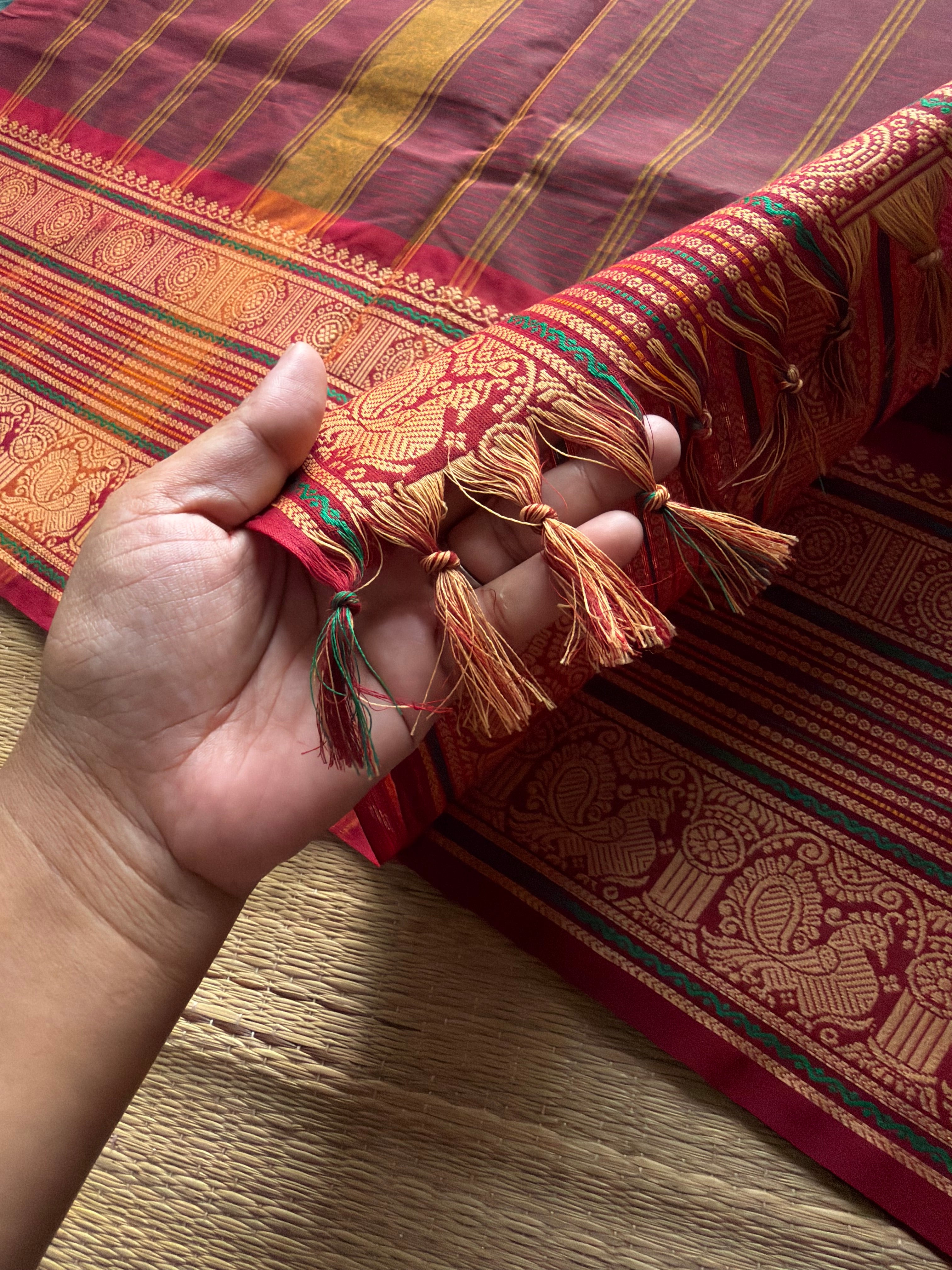 RF908 Maroon ~ Soft Thread border Kanchi cotton saree with small stripped lines pattern