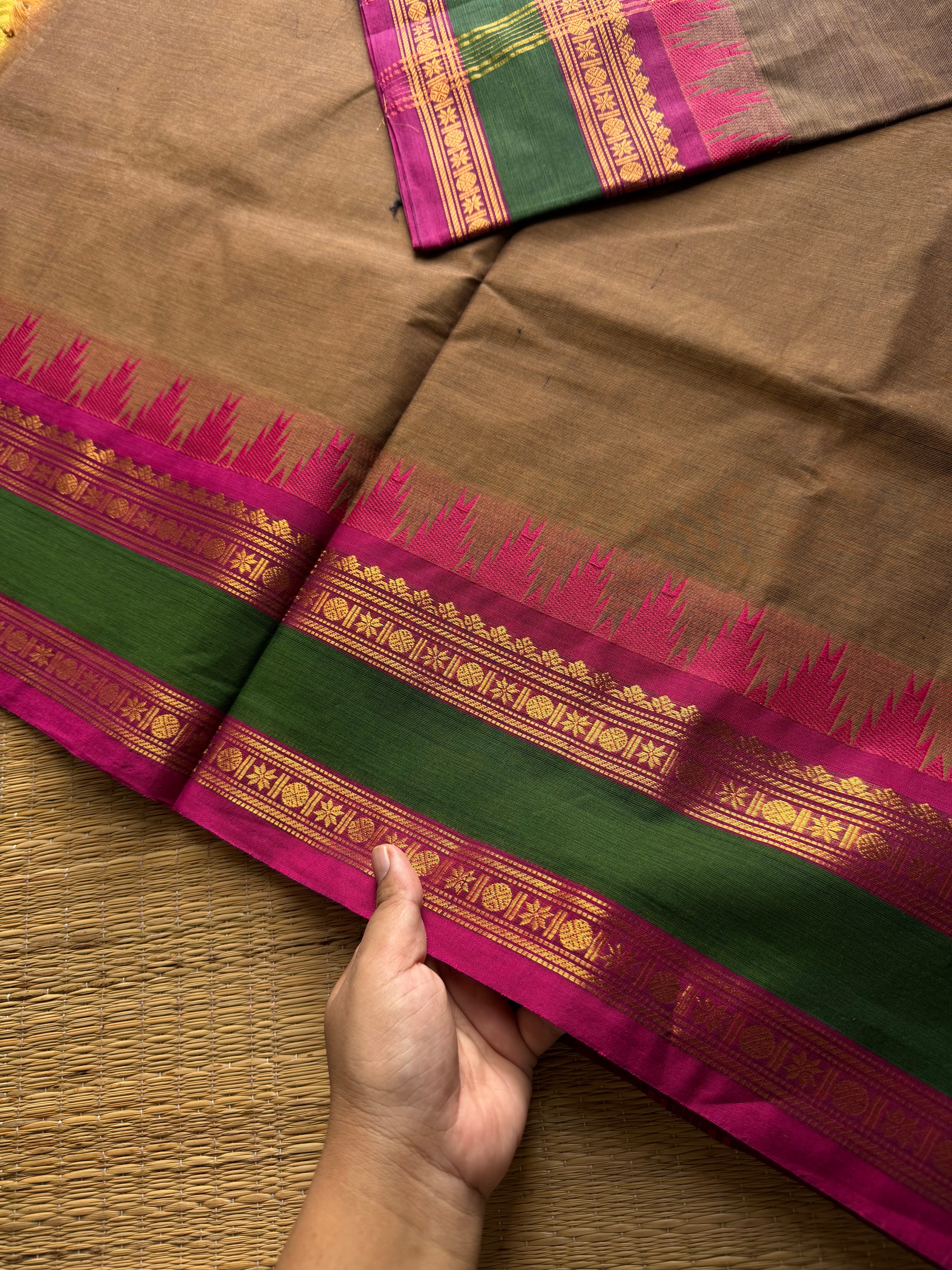 RF539 Dual tone biscuit shade Kanchi cotton saree with contrast Thazhampoo pattern gap border
