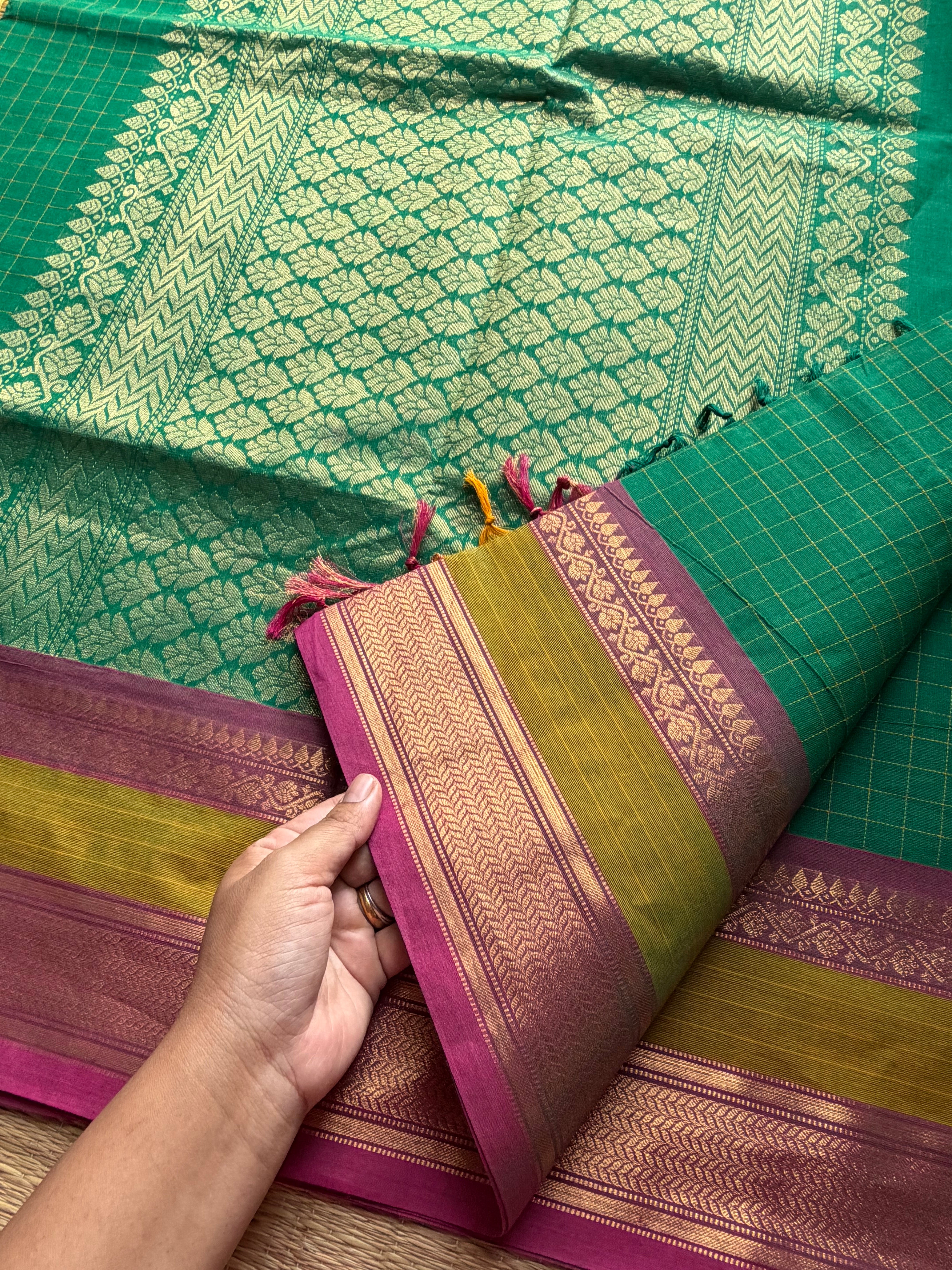 RF64 Green checks pattern with rich Zari woven Pallu Kanchi cotton saree
