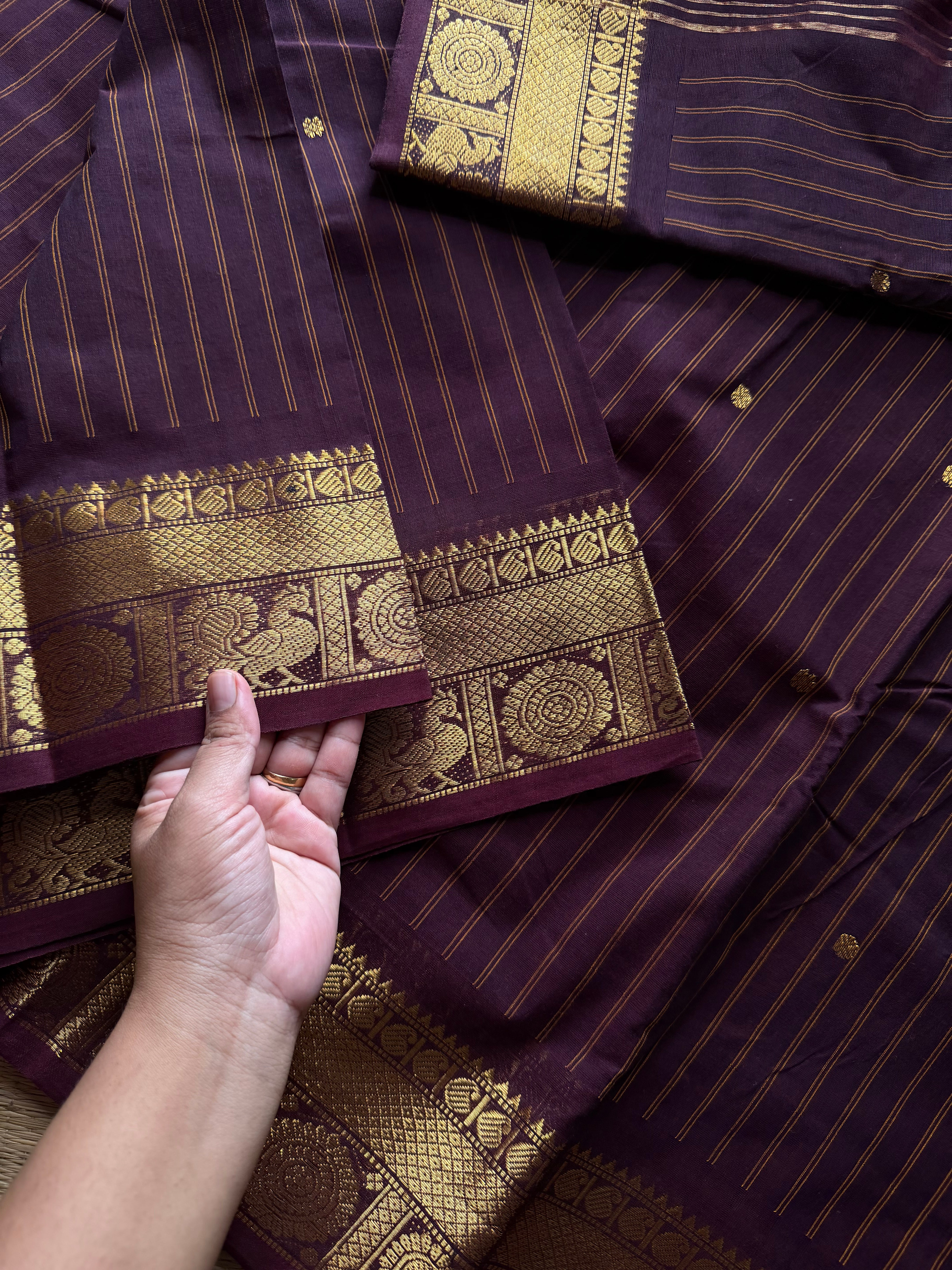 RF1296 Deep coffee brown ~ Silk saree inspired Kanchi cotton saree with vertical stripped & Annam pattern border and handmade golden Zari Buttas
