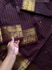 RF1296 Deep coffee brown ~ Silk saree inspired Kanchi cotton saree with vertical stripped & Annam pattern border and handmade golden Zari Buttas