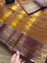 RF291 Dark honey shade with brown combination Kanchi cotton saree with peacock & elephant pattern Zari border