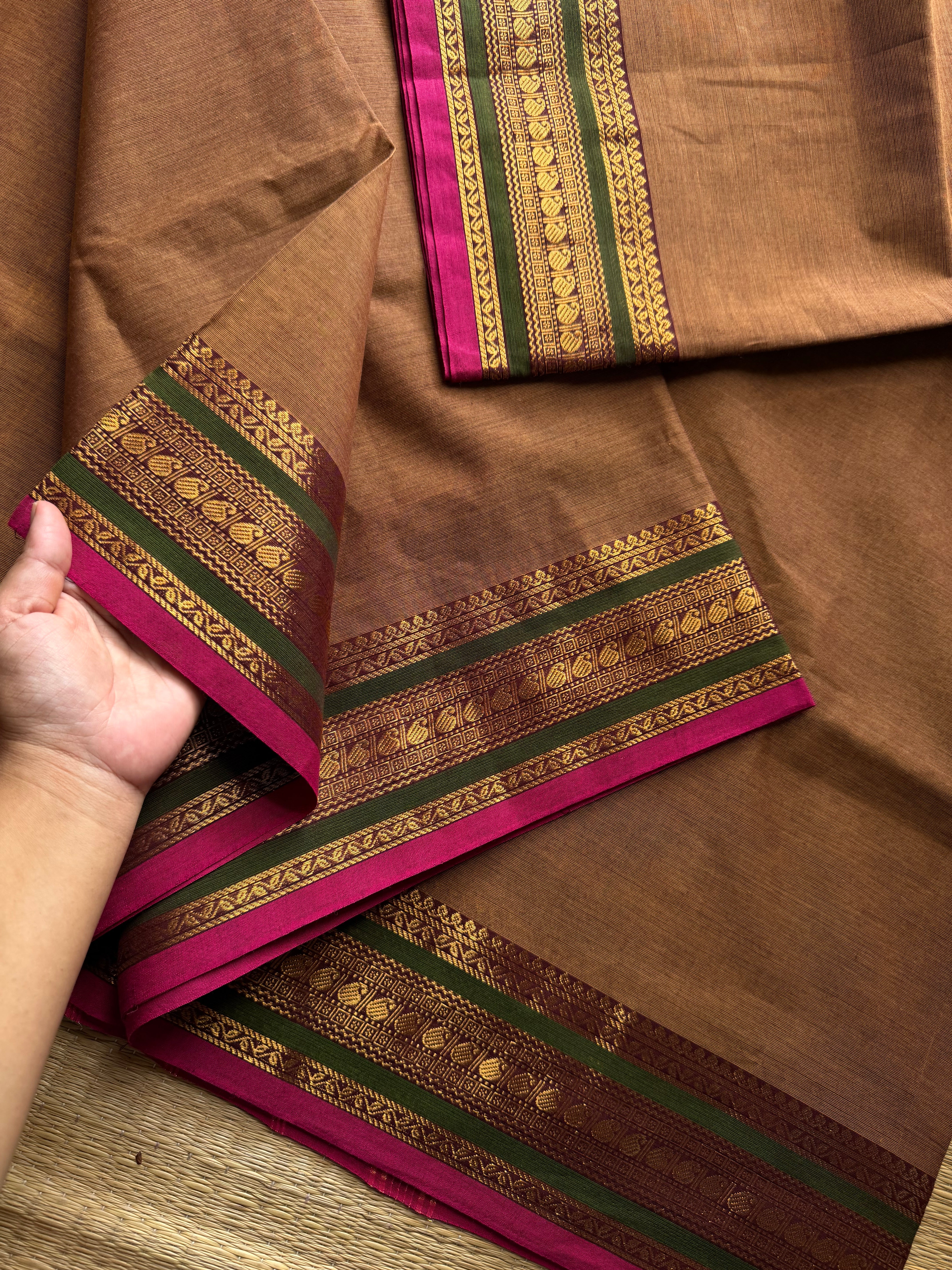 RF484 Honey & tan mixed shade Kanchi cotton saree with contrast multi color silk saree inspired border