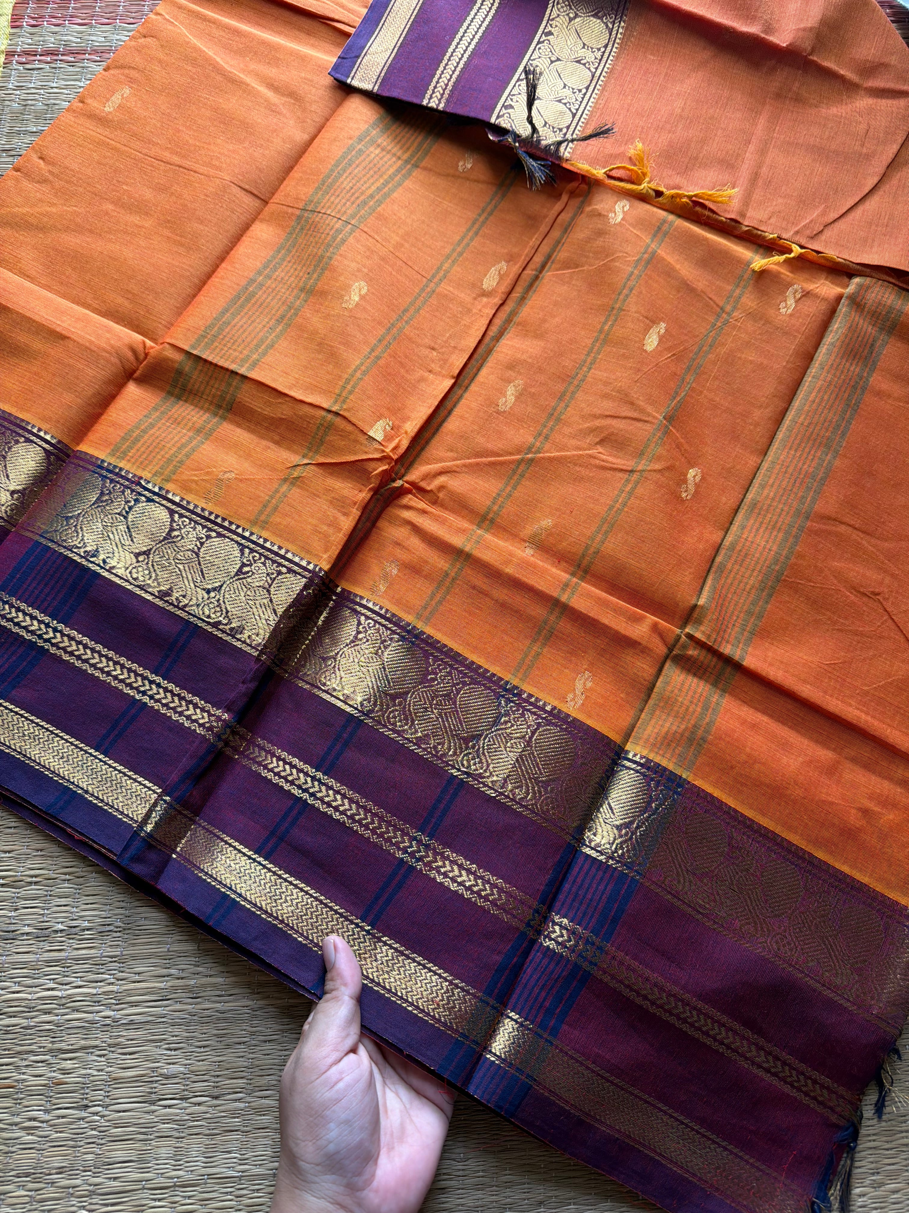 RF418 Orange with maroon combination Kanchi cotton saree with handmade Buttas