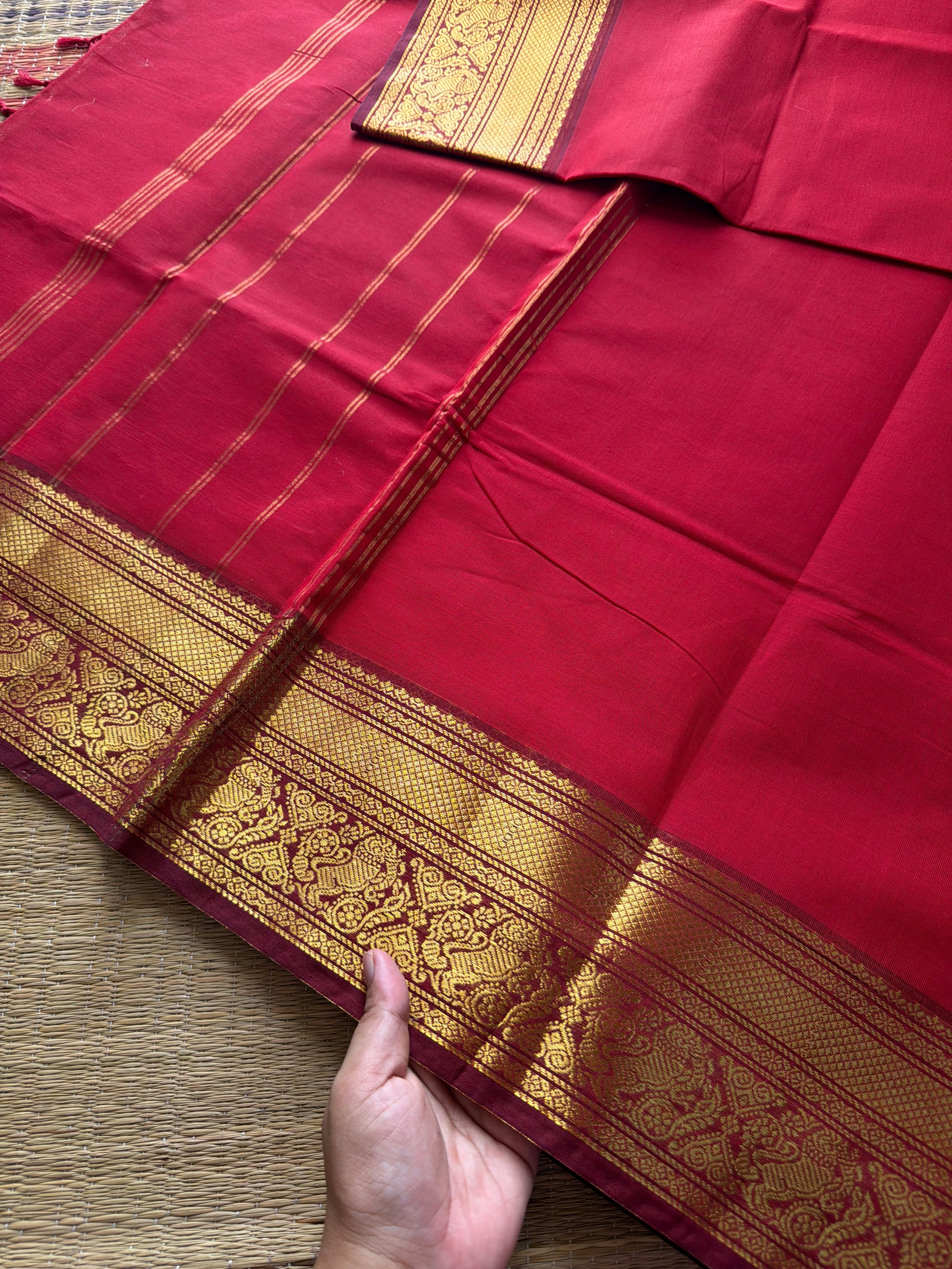 RF426 Red & maroon combination Kanchi cotton saree with Yazhi pattern border