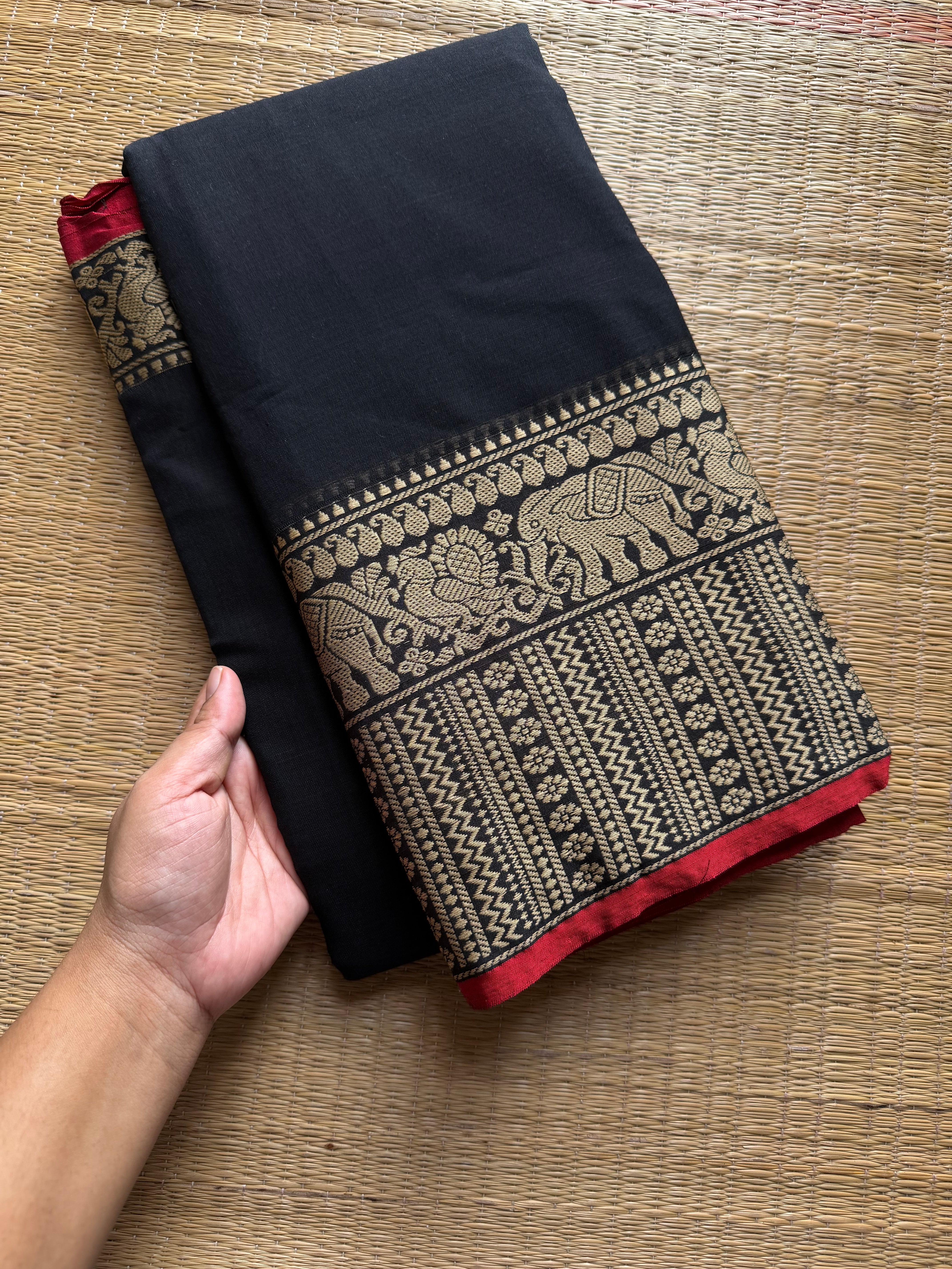RF1435 Black ~ Mercerised Narayanpet big thread border soft cotton saree