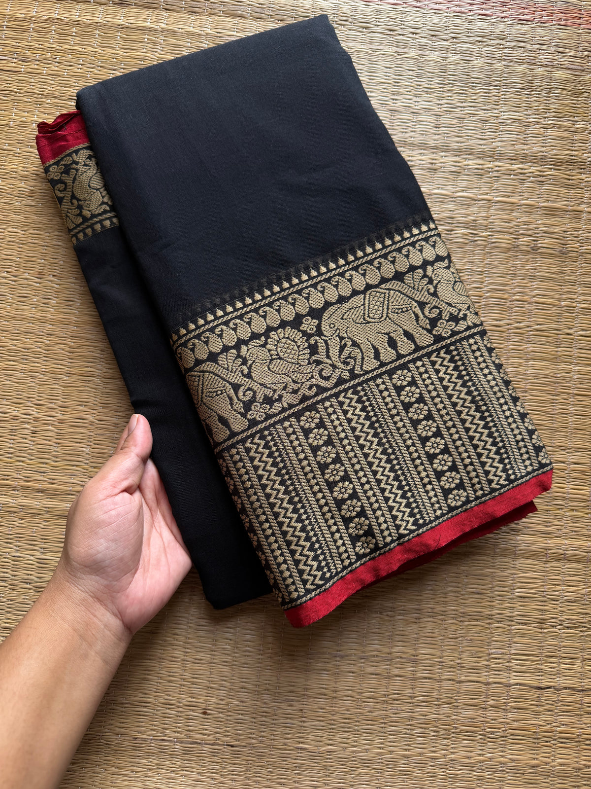 RF1435 Black ~ Mercerised Narayanpet big thread border soft cotton saree