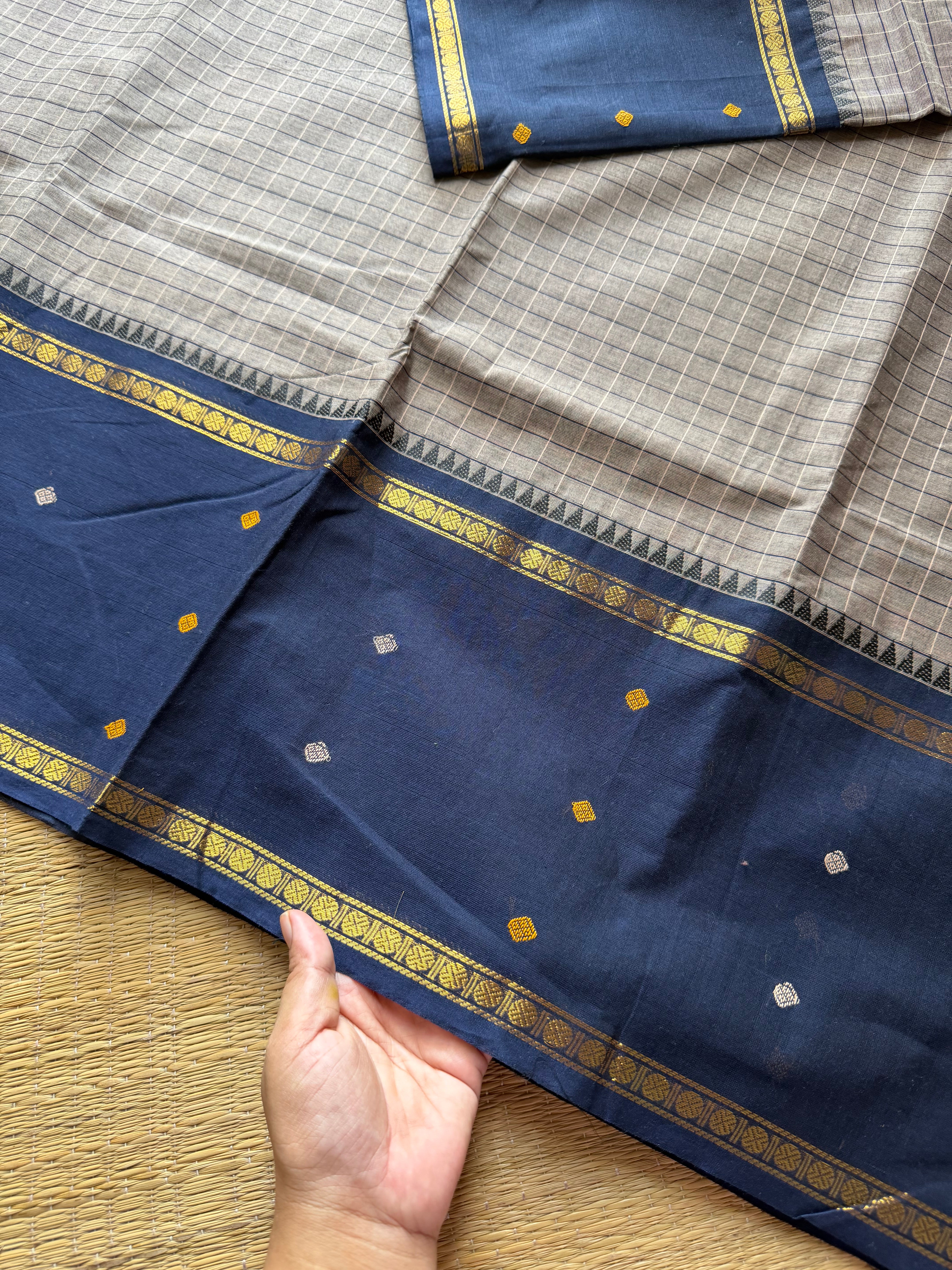 Grey with navy blue combination Vintage Border Kanchi Cotton Saree With kattam / checks pattern & handwoven Buttas on the border