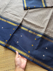 Grey with navy blue combination Vintage Border Kanchi Cotton Saree With kattam / checks pattern & handwoven Buttas on the border