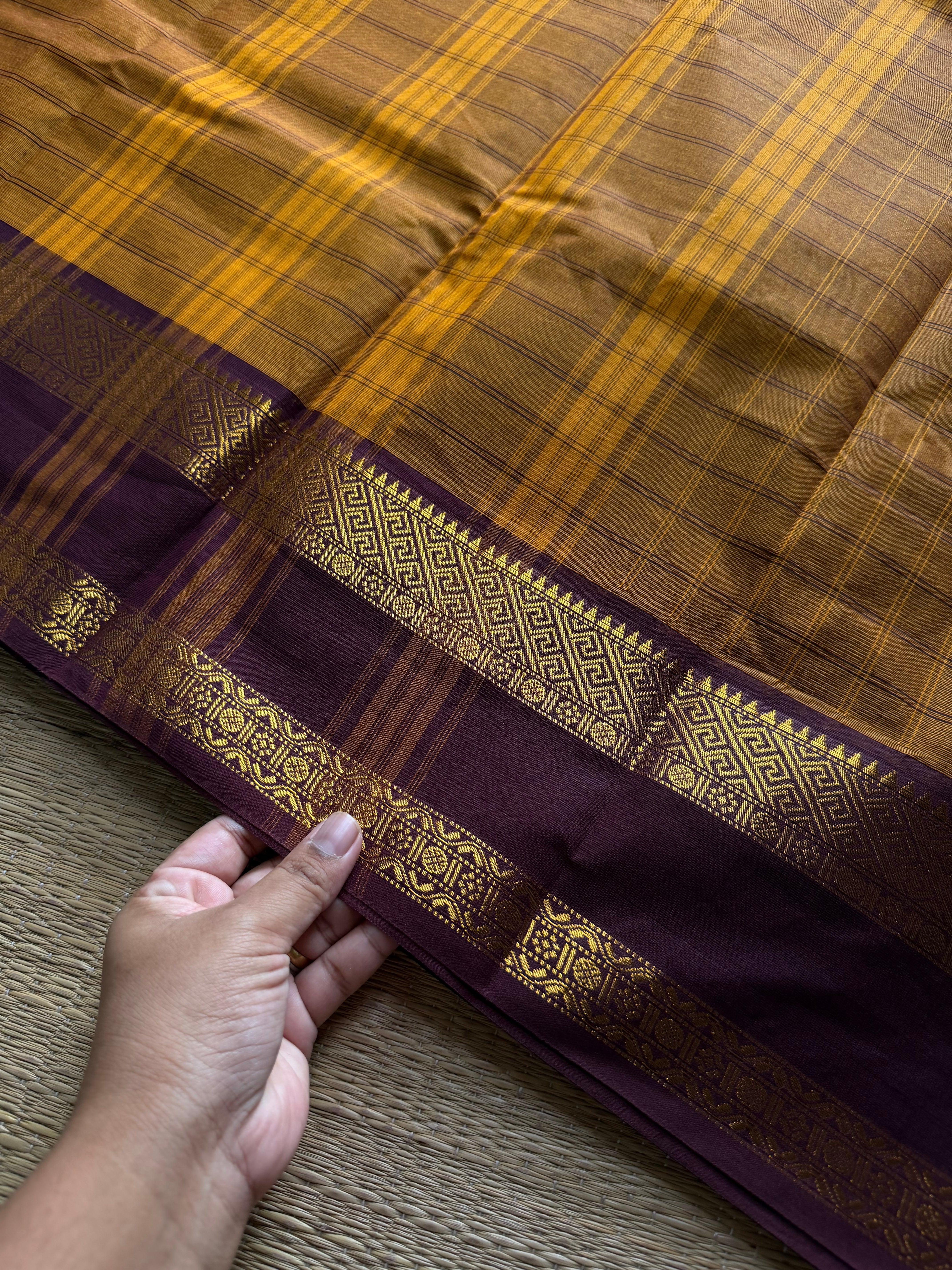 RF1401 Mustard with brown ~ Vintage Kattam Pattern Kanchi Cotton Saree