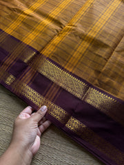 RF1401 Mustard with brown ~ Vintage Kattam Pattern Kanchi Cotton Saree