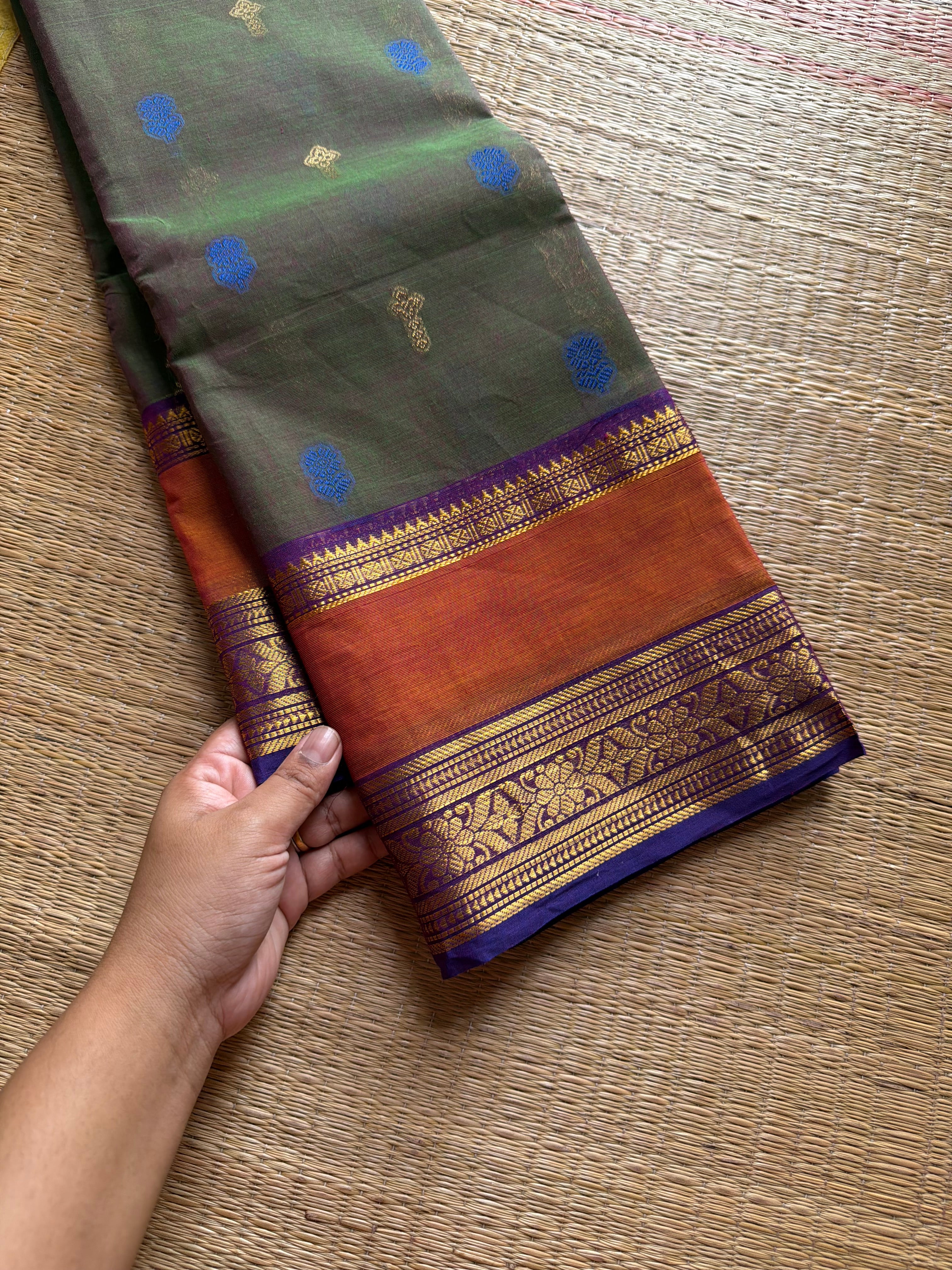RF1354 Rich Pallu Kanchi Cotton Saree ~ Dual tone green gram shade