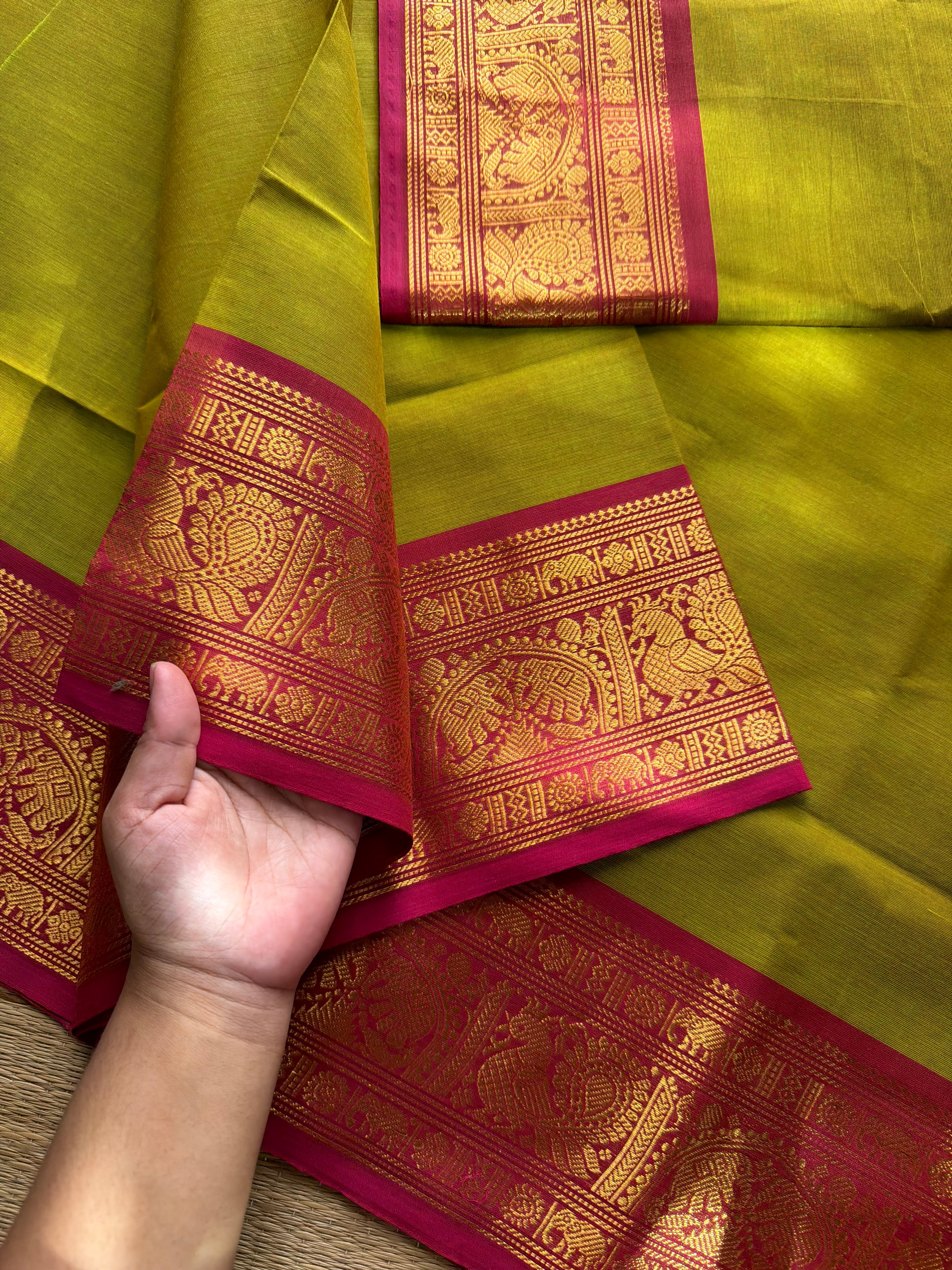 RF680 Yellow & Green mixed shade Kanchi cotton saree with silk saree inspired Annam and elephant pattern border
