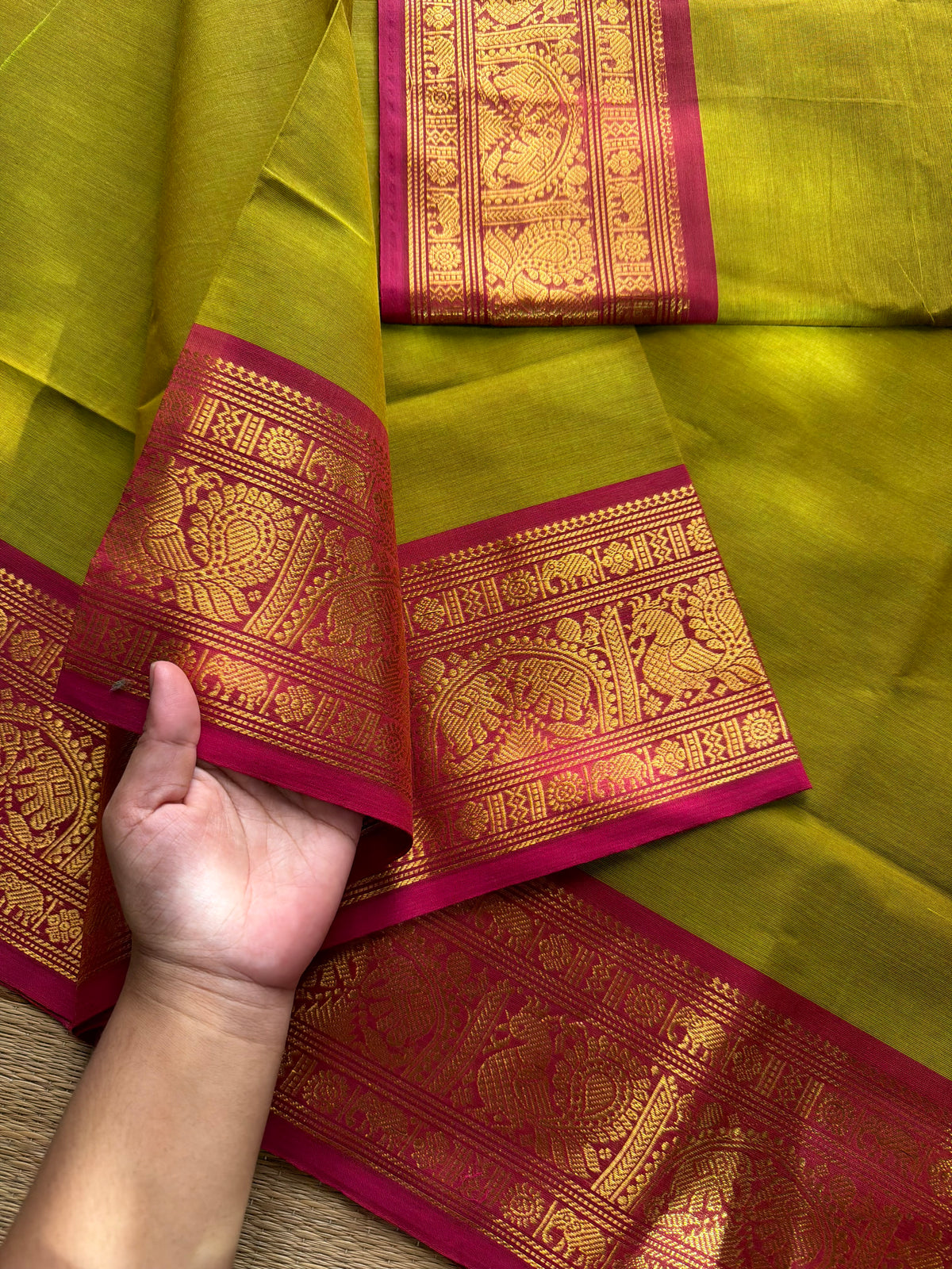 RF680 Yellow & Green mixed shade Kanchi cotton saree with silk saree inspired Annam and elephant pattern border